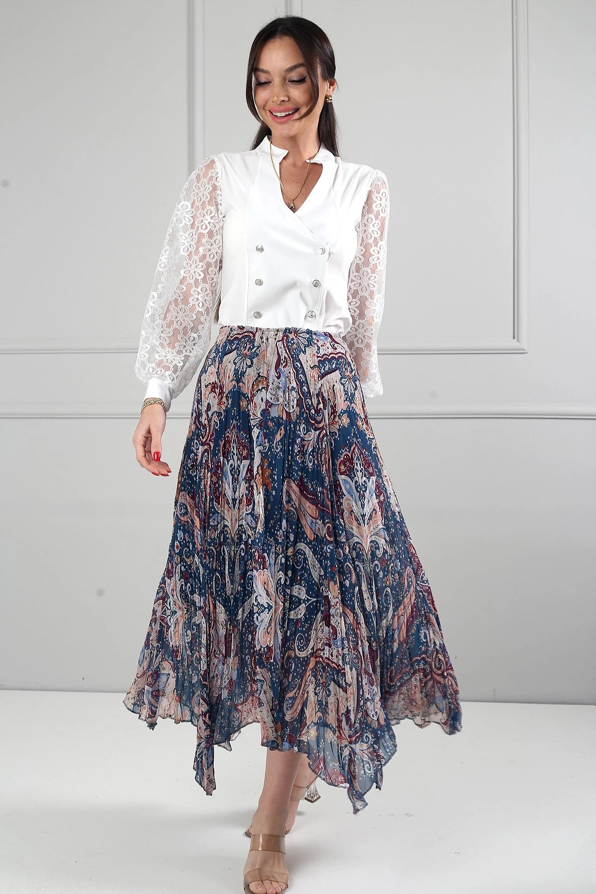 Image of Women's Elastic Waist Lined Shawl Patterned Triangle Midi Skirt