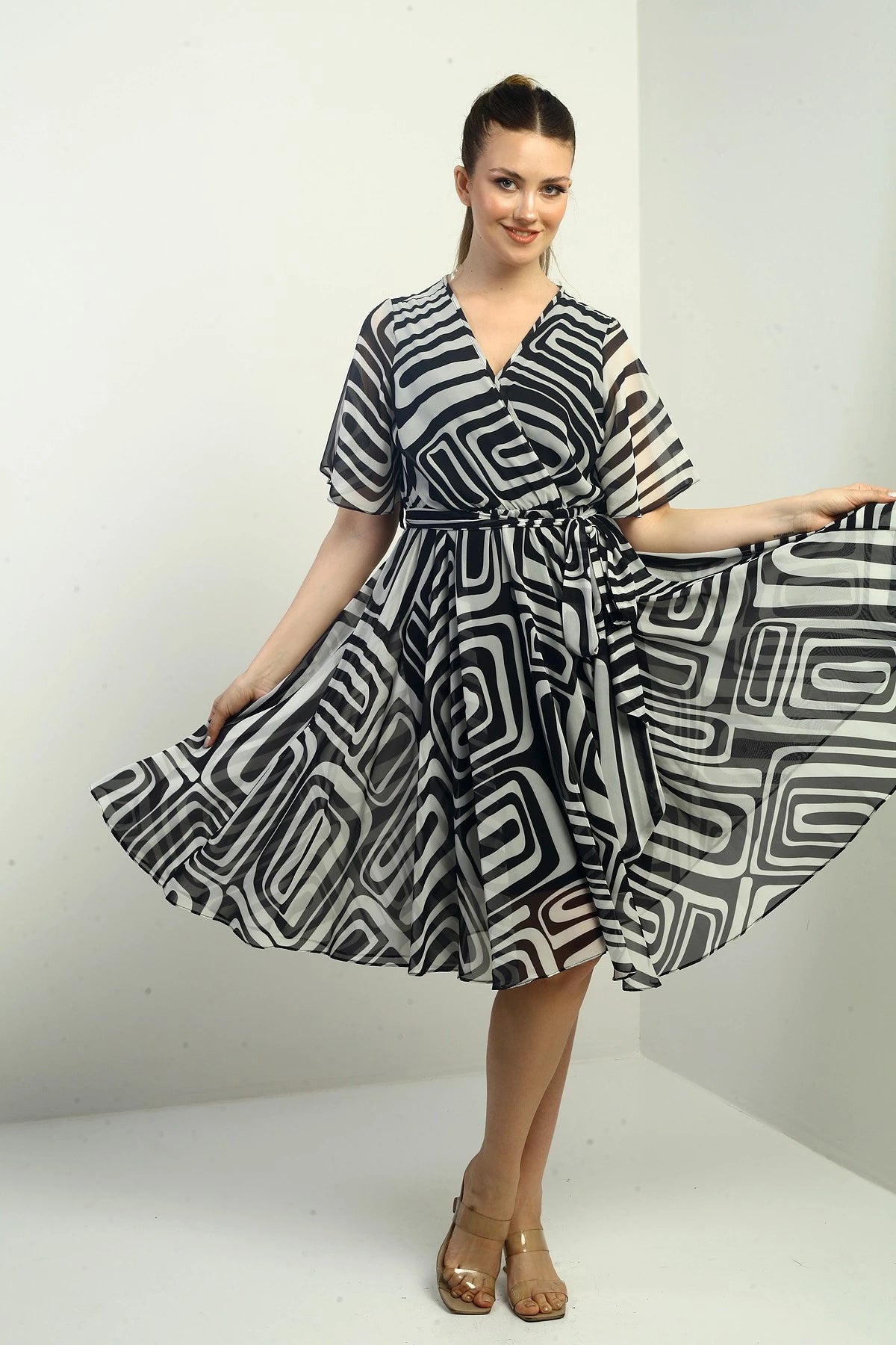 Image of Women's Wrap Neckline Belted Lined Geometric Pattern Chiffon Dress