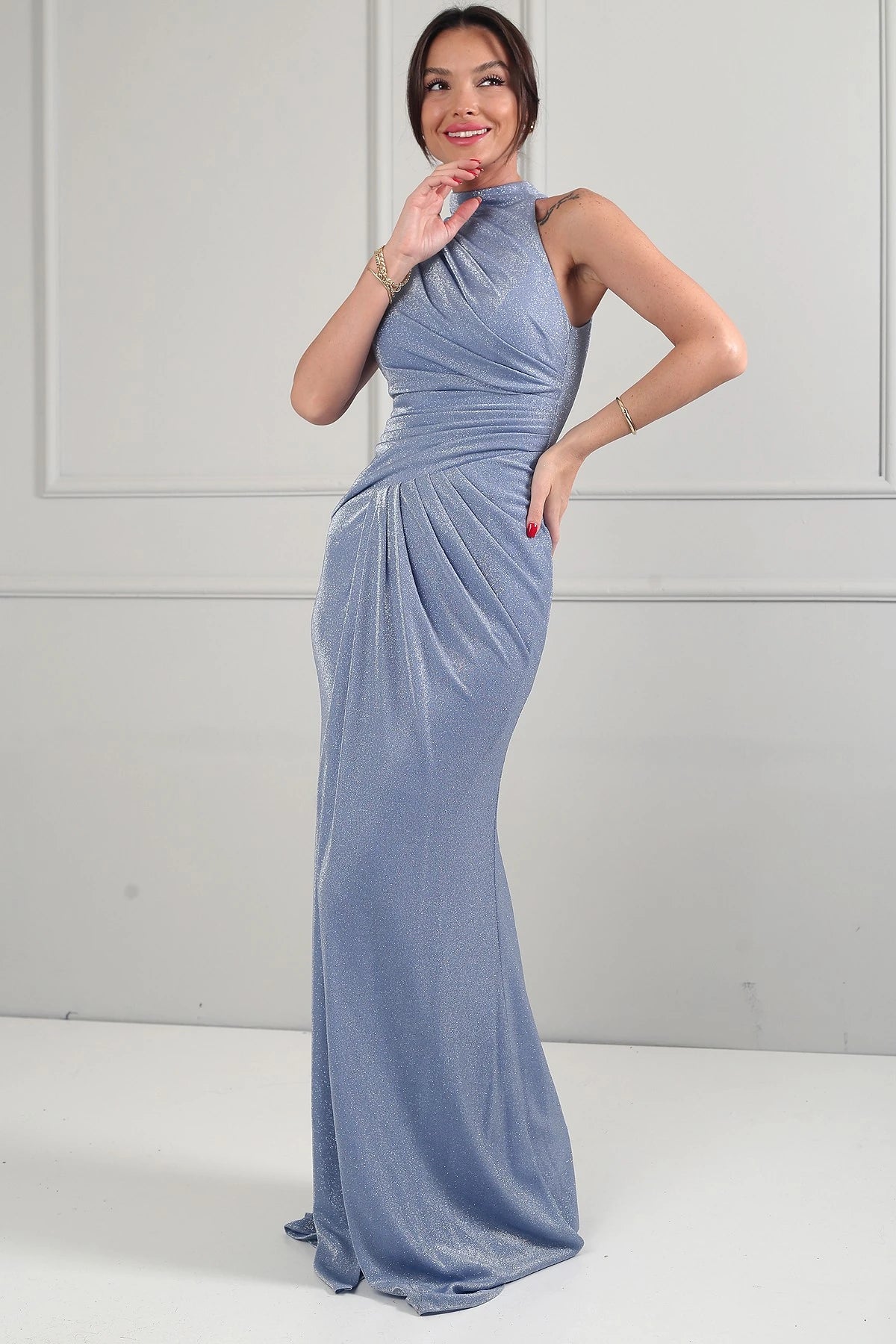 Image of Women's Halter Neck Lined Draped Glitter Long Dress