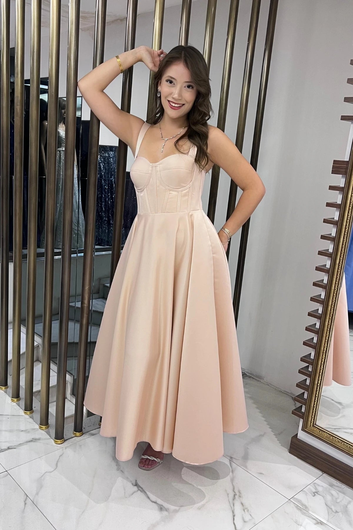 Image of Women's Strappy Back Lace-up Corset Satin Flared Midi Dress