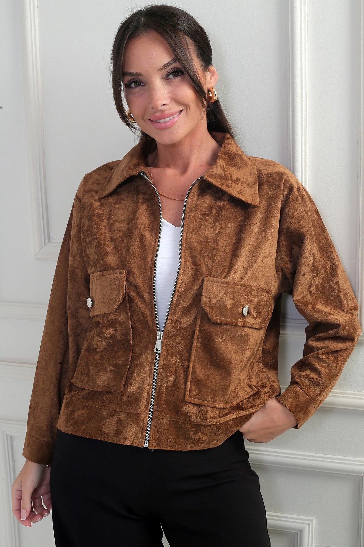 Image of Women's Suede Jacket with Patch Pockets and Zip Front