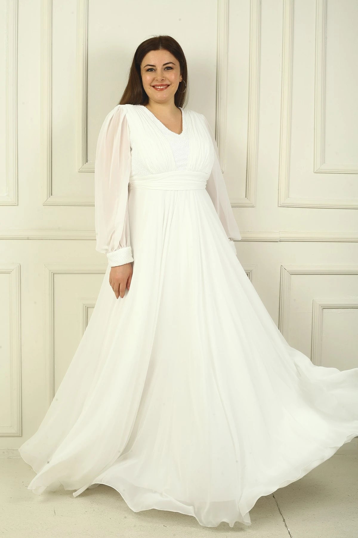 Image of Women's Front and Back V-Neck Sequined Lined Plus Size Long Chiffon Evening Dress