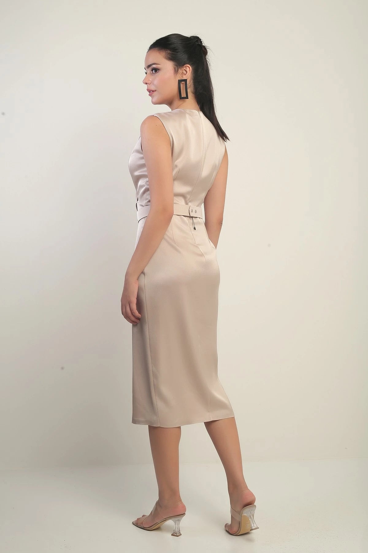 Image of Women's Wrap Neckline Front Pleated Belted Crepe Satin Dress