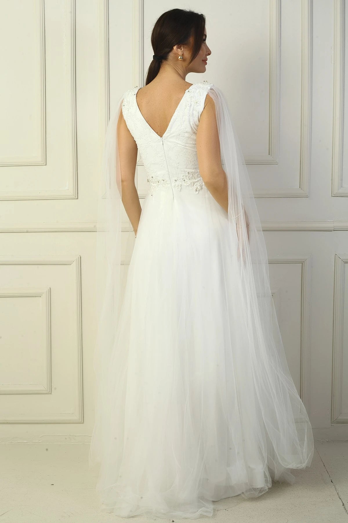 Image of Women's Front and Back V-Neck Long Tulle Evening Dress with Beaded Embellishment and Wide Waistline.