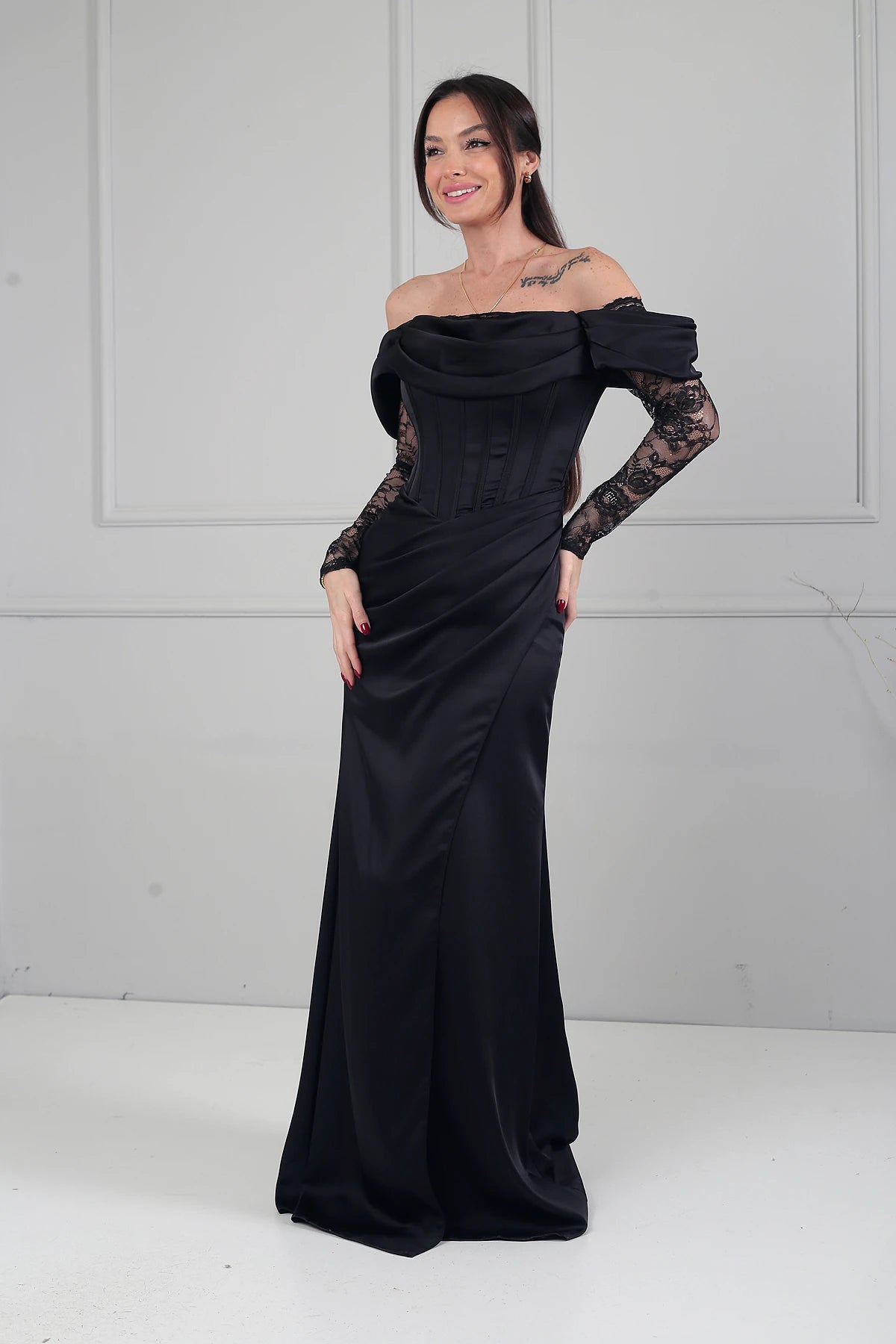 Image of Women's Boat Neck Lace Sleeve Lined Long Satin Dress
