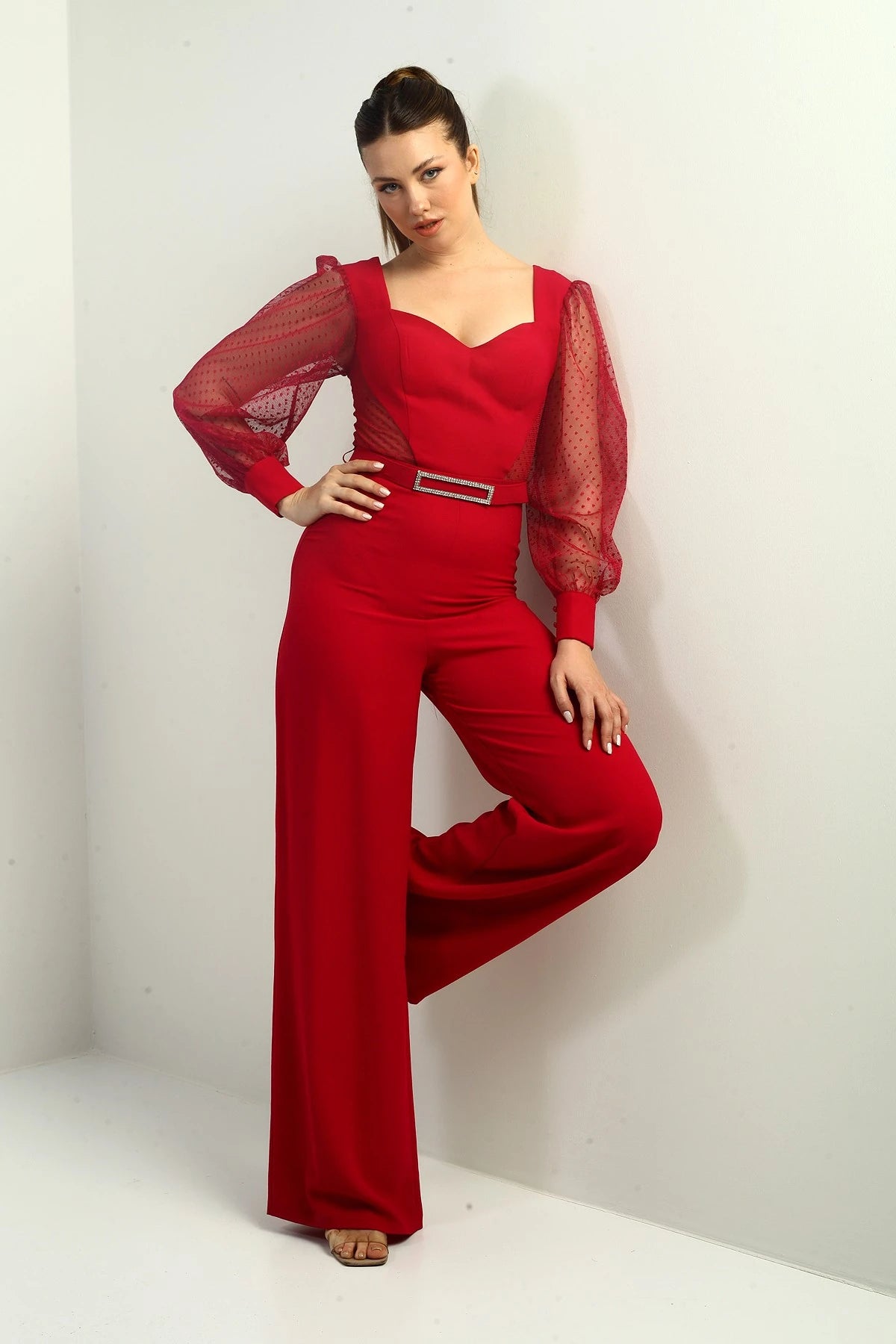 Image of Women's Sweetheart Neckline Long Tulle Sleeved Belted Palazzo Crepe Jumpsuit