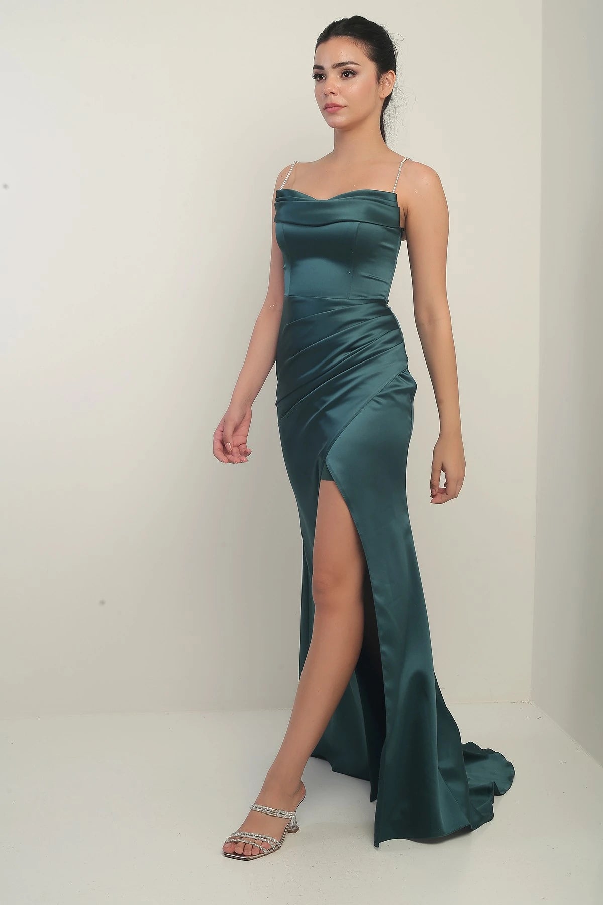 Image of Women's Shiny Strappy Deep Slit Front Gathered Pleated Long Satin Evening Dress