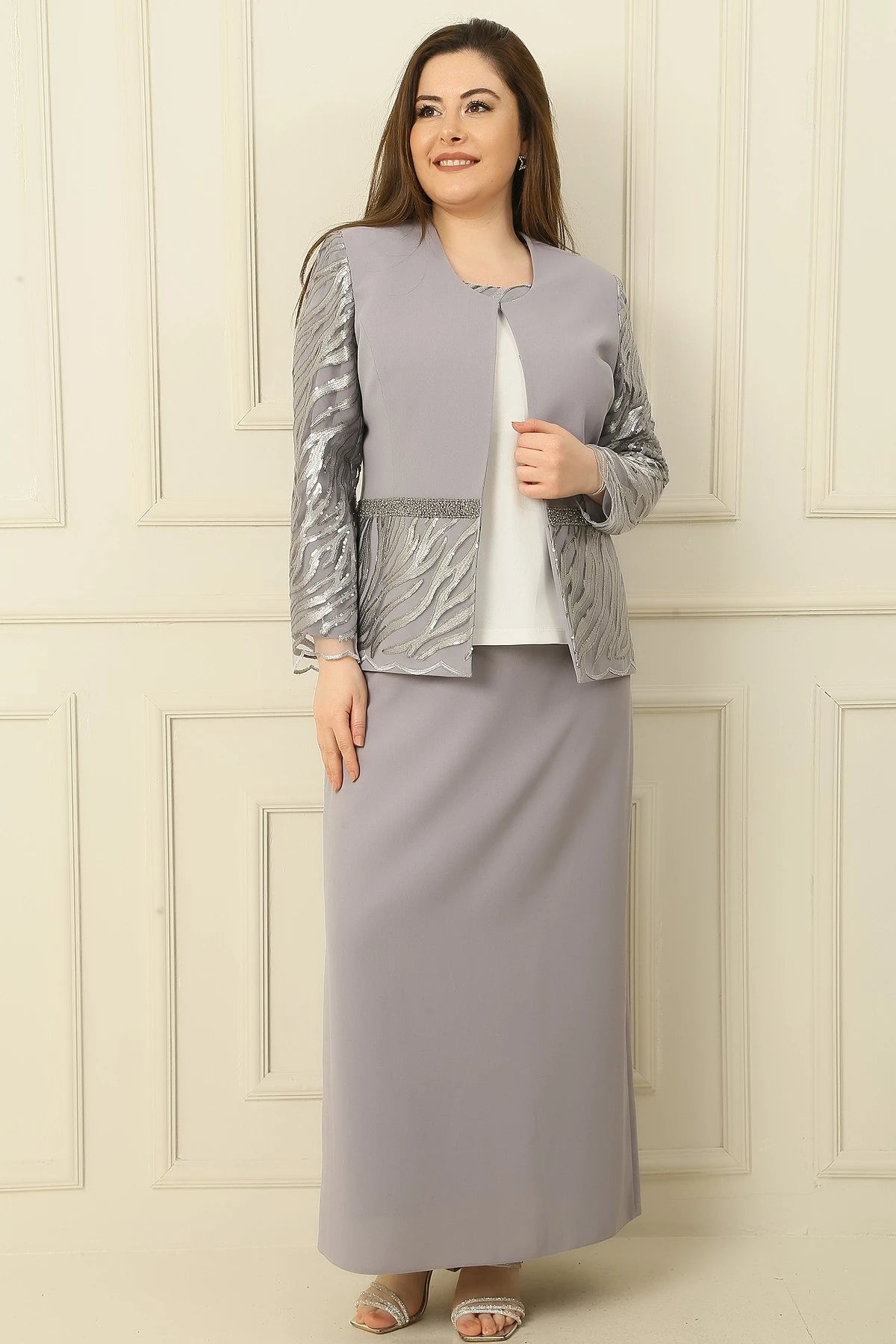 Image of Three-Piece Set: Half-Moon Sleeve Blouse, Sequin Embroidered Jacket and Skirt with Bead Details, Lined, Plus Size.