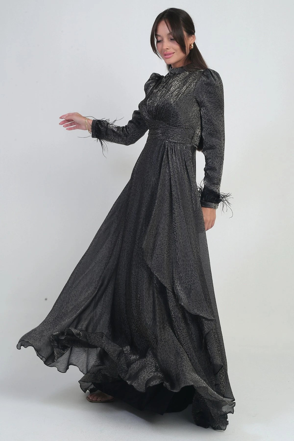 Image of Women's Long Flared Dress in Griter Chiffon with Draped Front, Ruffle Detail, Lined, and Feathered Sleeves.