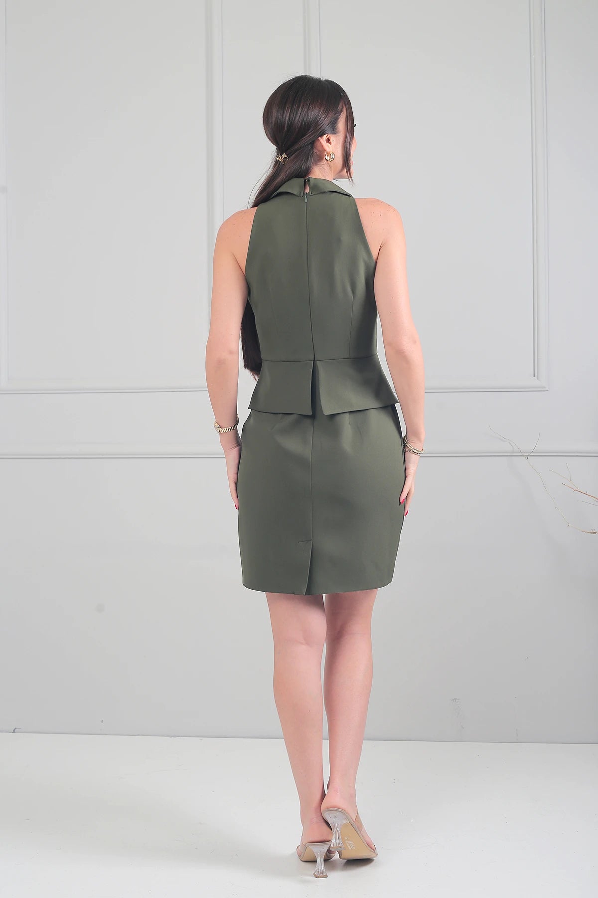 Image of Kadın Gold Düğmeli Kendinde Telalı Peplum Detaylı Double Krep Kısa Elbise