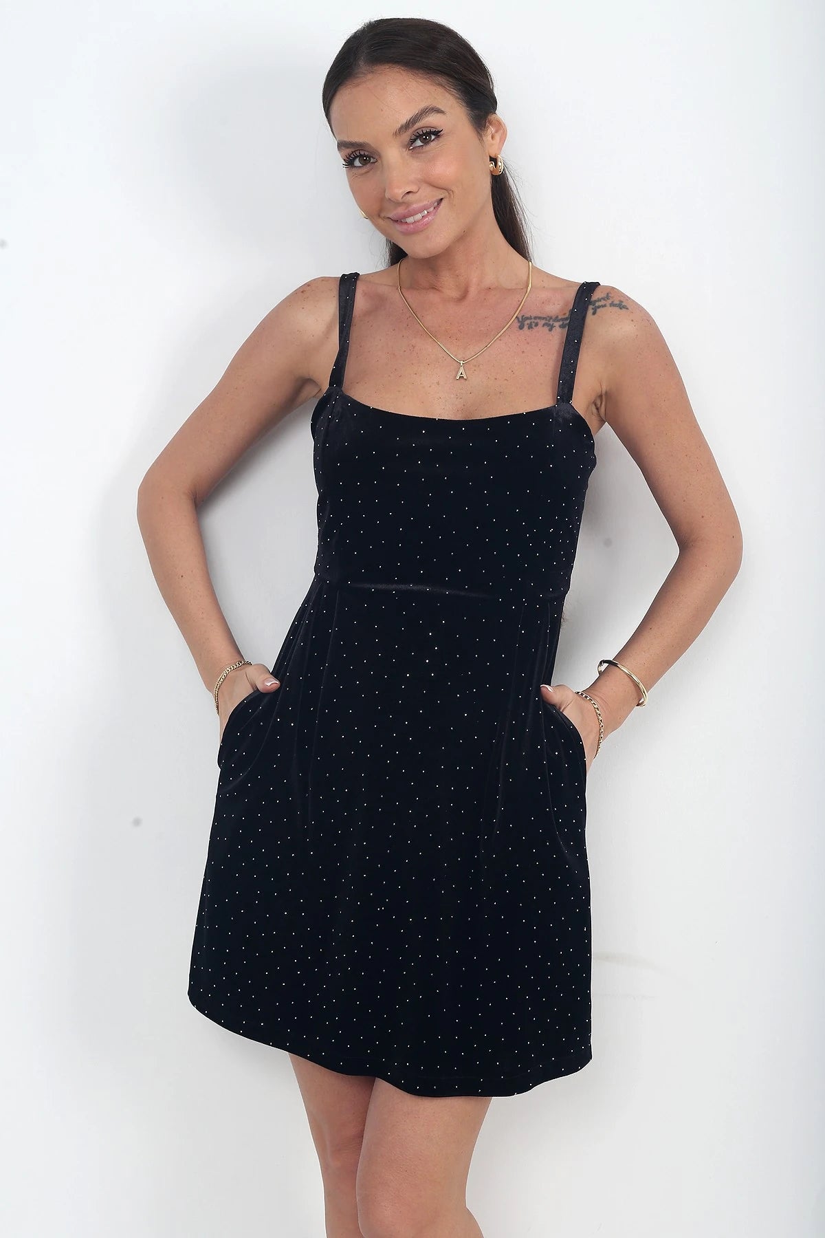 Image of Women's Thin-Strapped, Pocketed, Embellished Velvet Short Dress