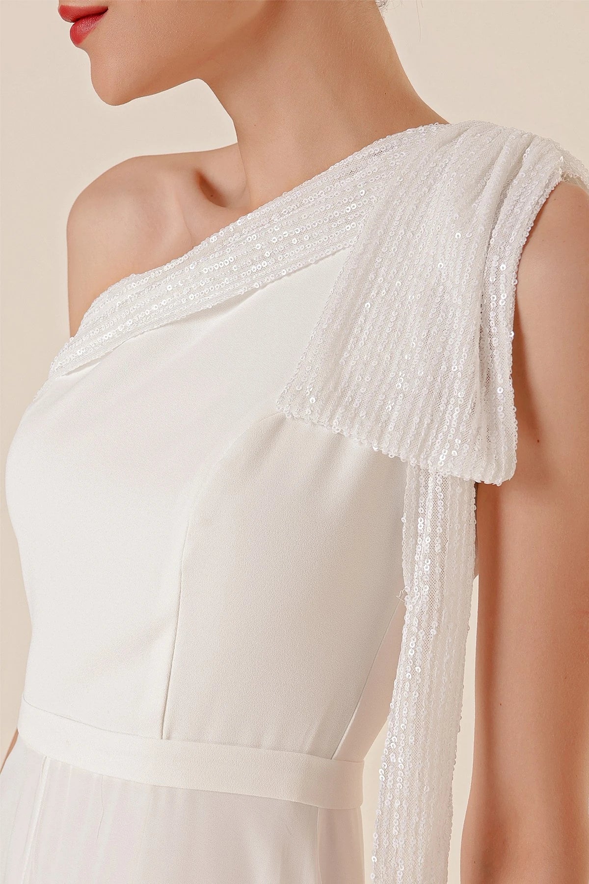 Image of Sequin Collar One-Shoulder Chiffon Crepe Jumpsuit