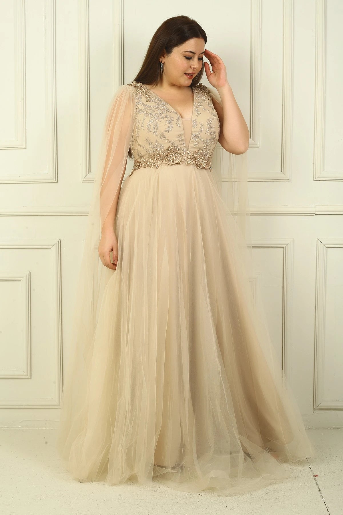 Image of Women's Front and Back V-Neck Long Tulle Evening Dress with Beaded Embellishment and Wide Waistline.