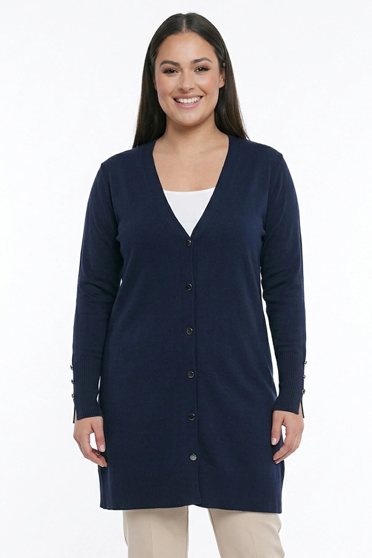 Image of Women's Plus Size Knitted Cardigan with Button Detail on Sleeves