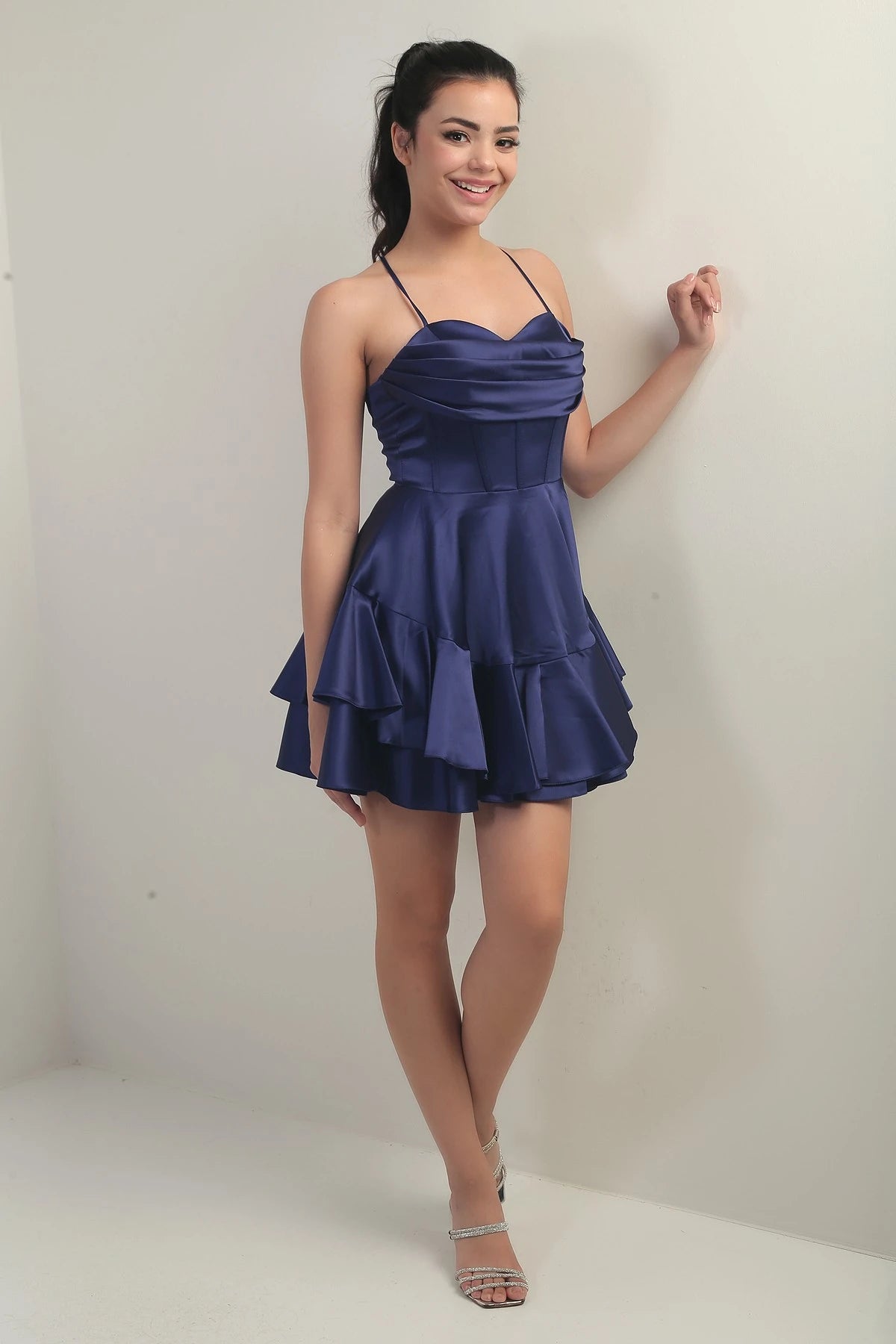 Image of Women's Strappy Back Tie Underwired Short Satin Dress with Layered Lining