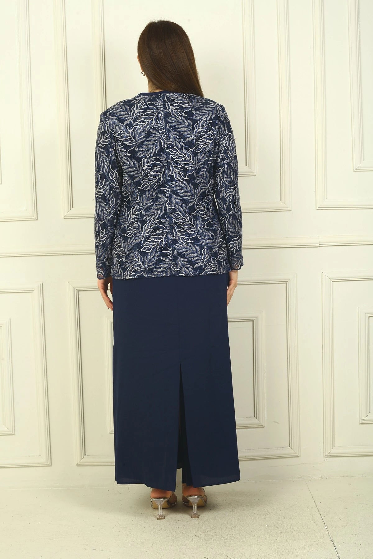 Image of Long Dress with Beaded Collar, Plus Size Two-Piece Set with Beaded and Sequin Embroidered Jacket, Lined.