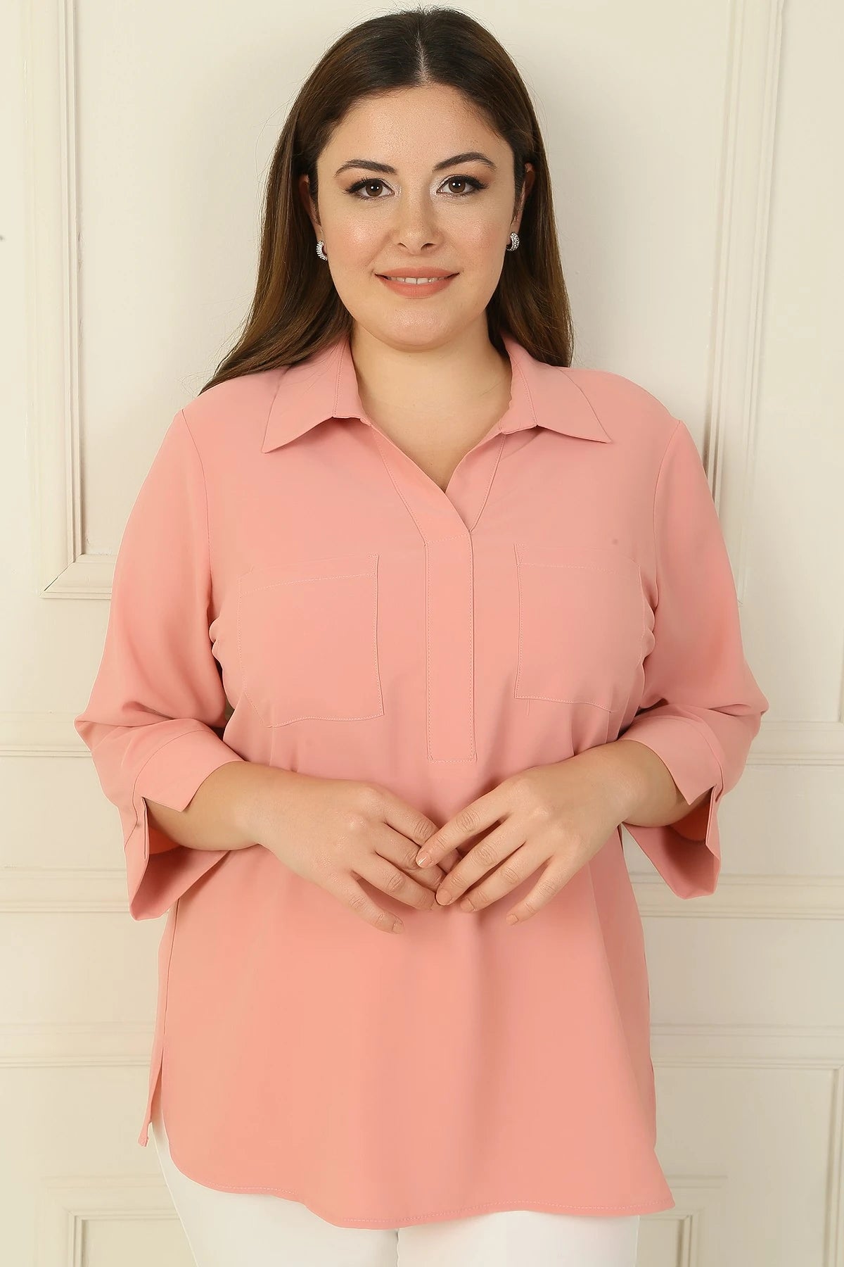Image of Polo Collar Pocketed Quarter Sleeve BB Blouse