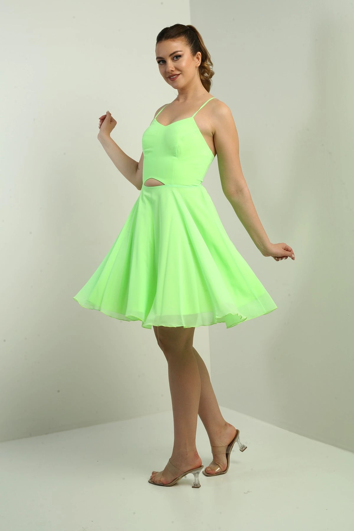 Image of Women's Strappy, Back-Tie, Front-Opening, Lined Chiffon Short Flared Dress