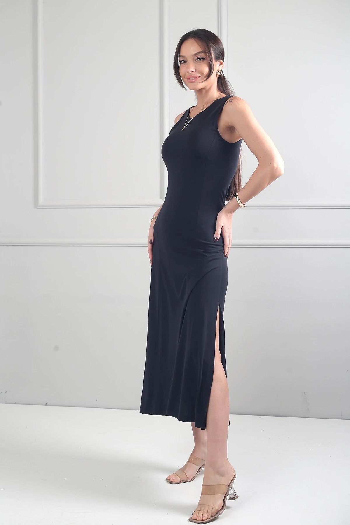 Image of Women's Round Neck Long Dress with Side Slits and Lycra Fabric