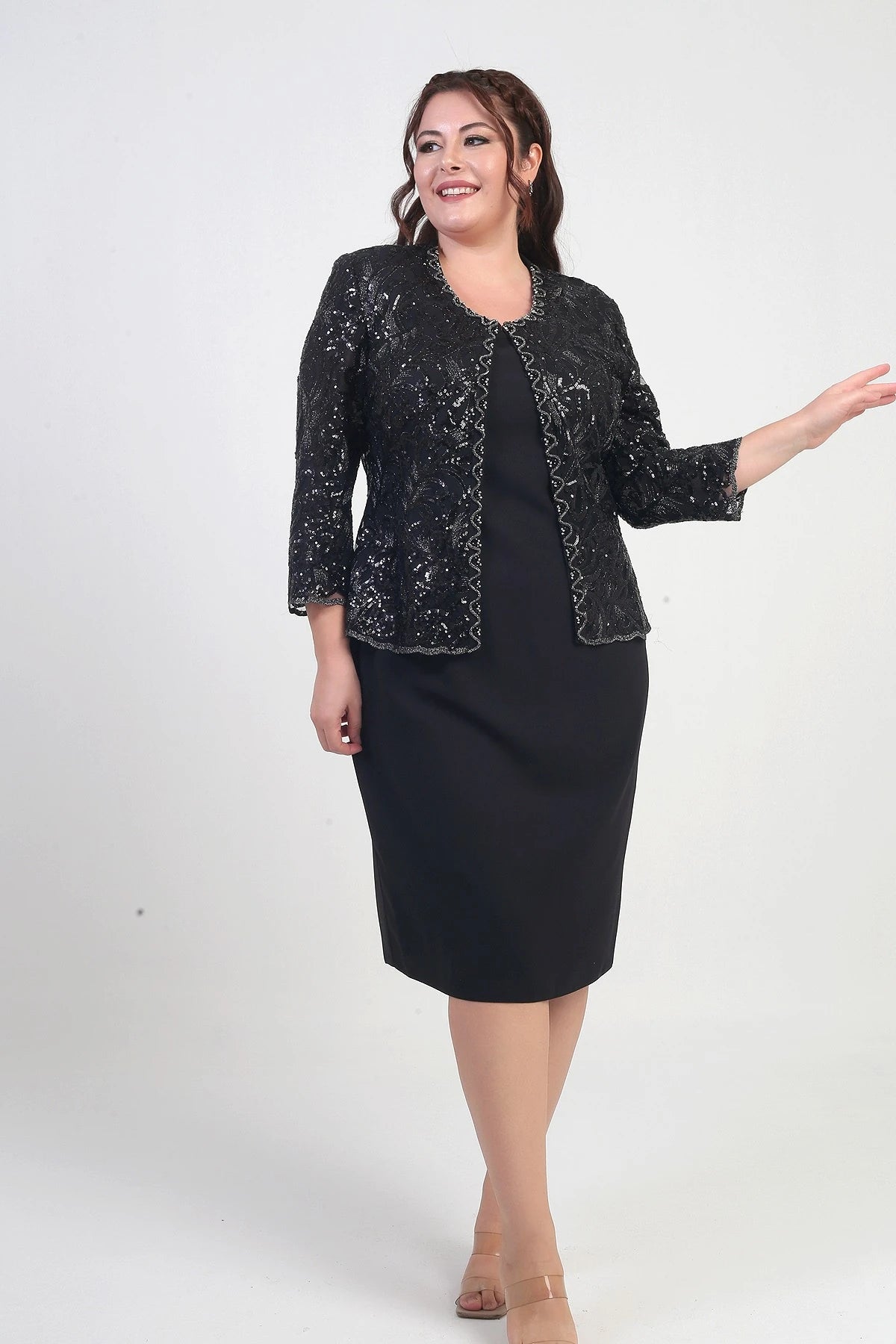 Image of Women's Sequin Embellished Beaded Tulle Jacket, Half-Moon Sleeve Short Dress, Lined Crepe, Plus Size 2-Piece Set