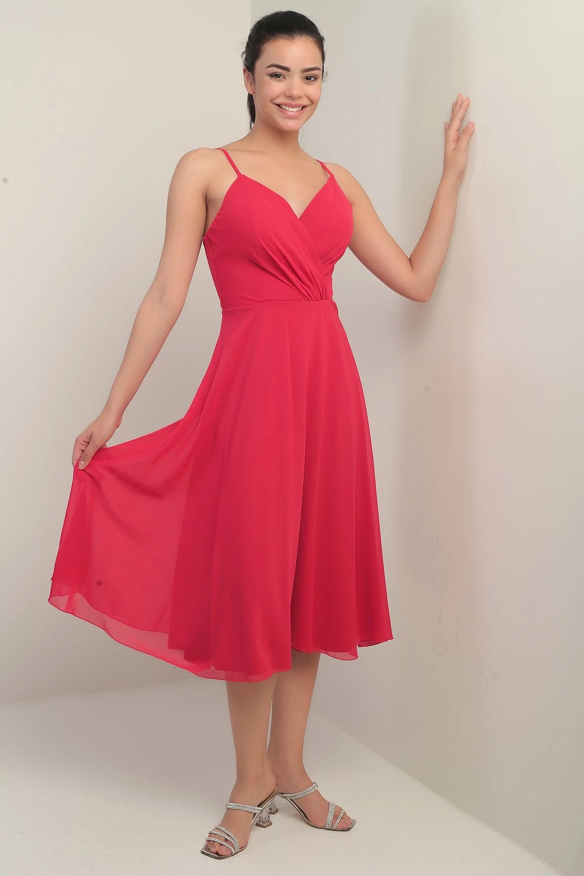 Image of Women's Strappy Wrap Neckline Lined Lace-Up Back Flared Chiffon Dress