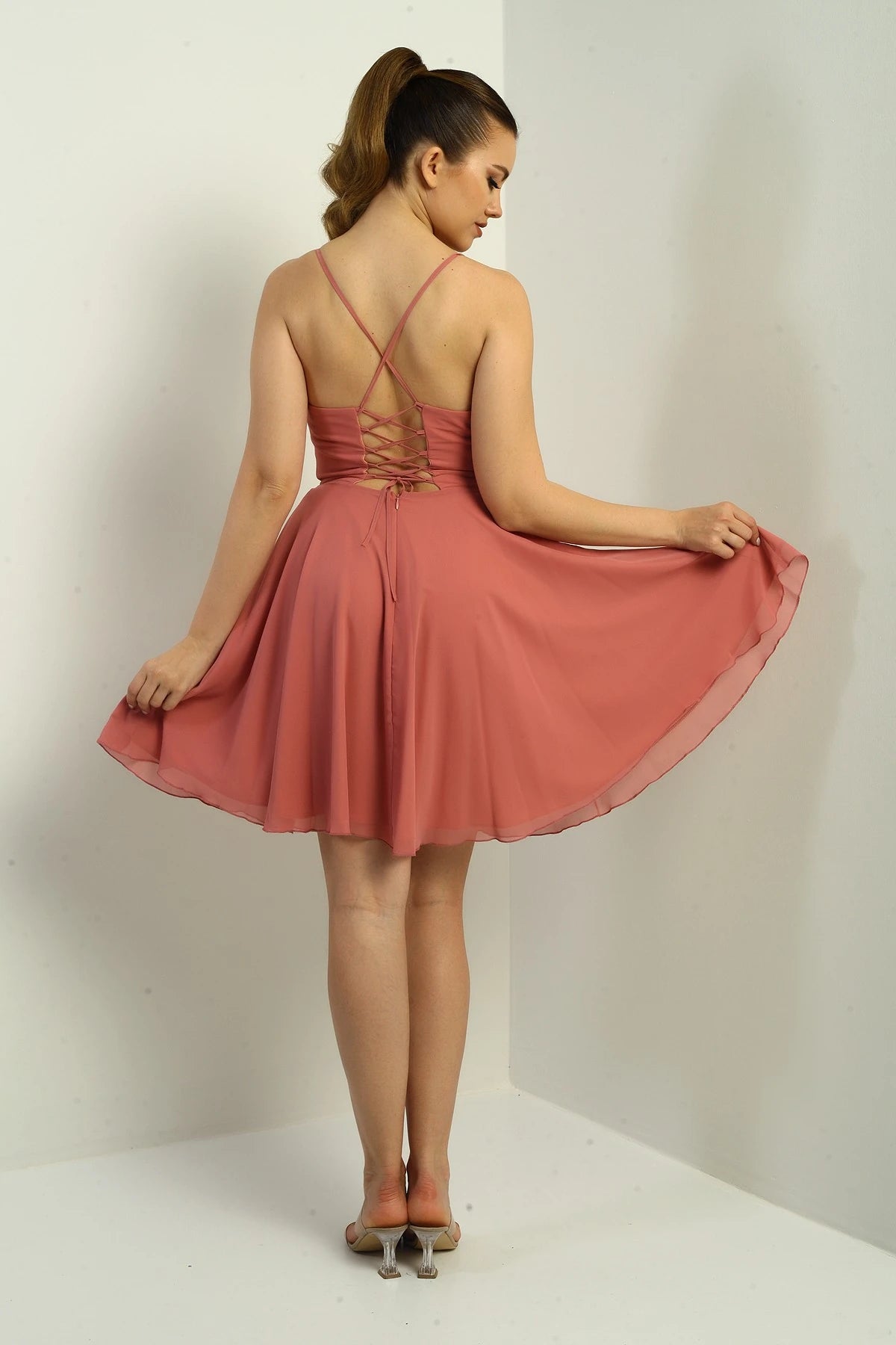 Image of Women's Strappy, Back-Tie, Front-Opening, Lined Chiffon Short Flared Dress
