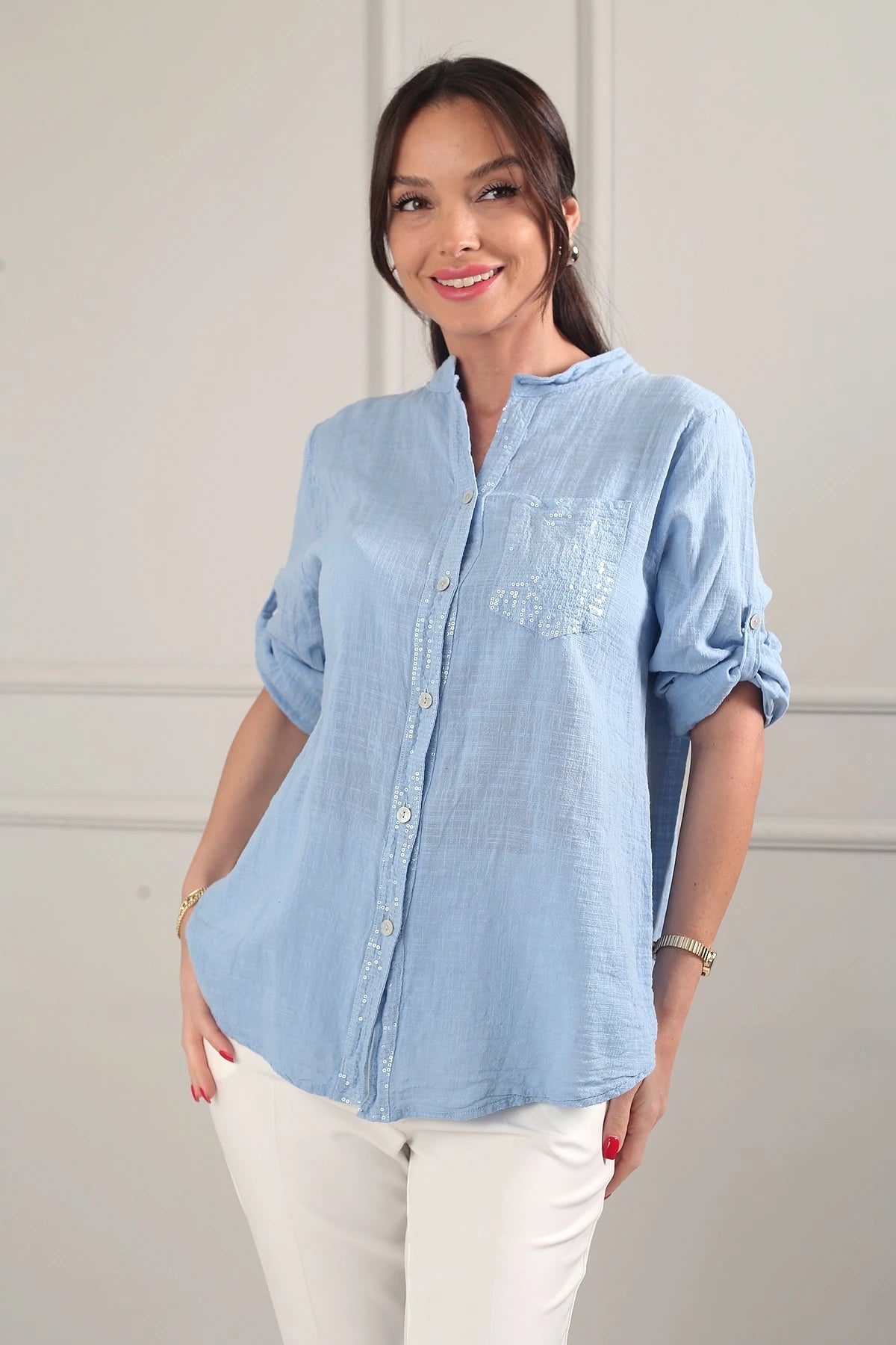 Image of Women's Oversize Imported Linen Shirt with Sequin Details and Single Pocket