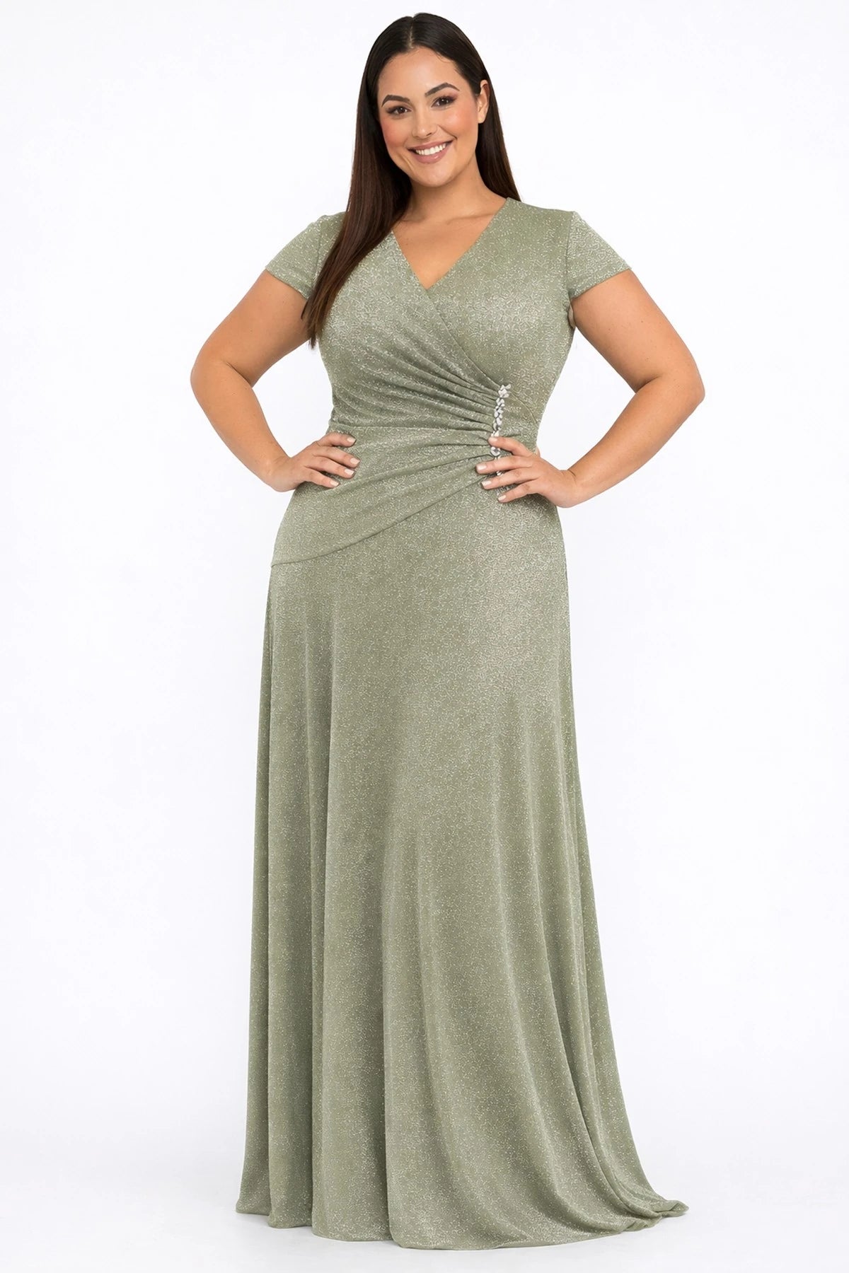 Image of Rochie lungă cu strălucire, cu decolteu în V, mânecă jumătate, căptușită, mărime plus, cu accesorii cu pietre