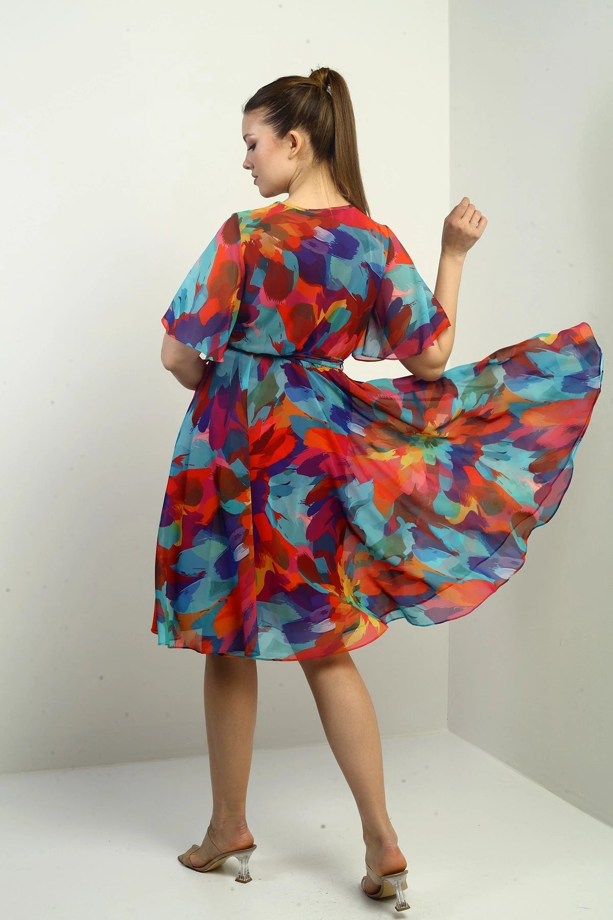 Image of Women's Wrap Neckline Lined Chiffon Rainbow Dress with Belt