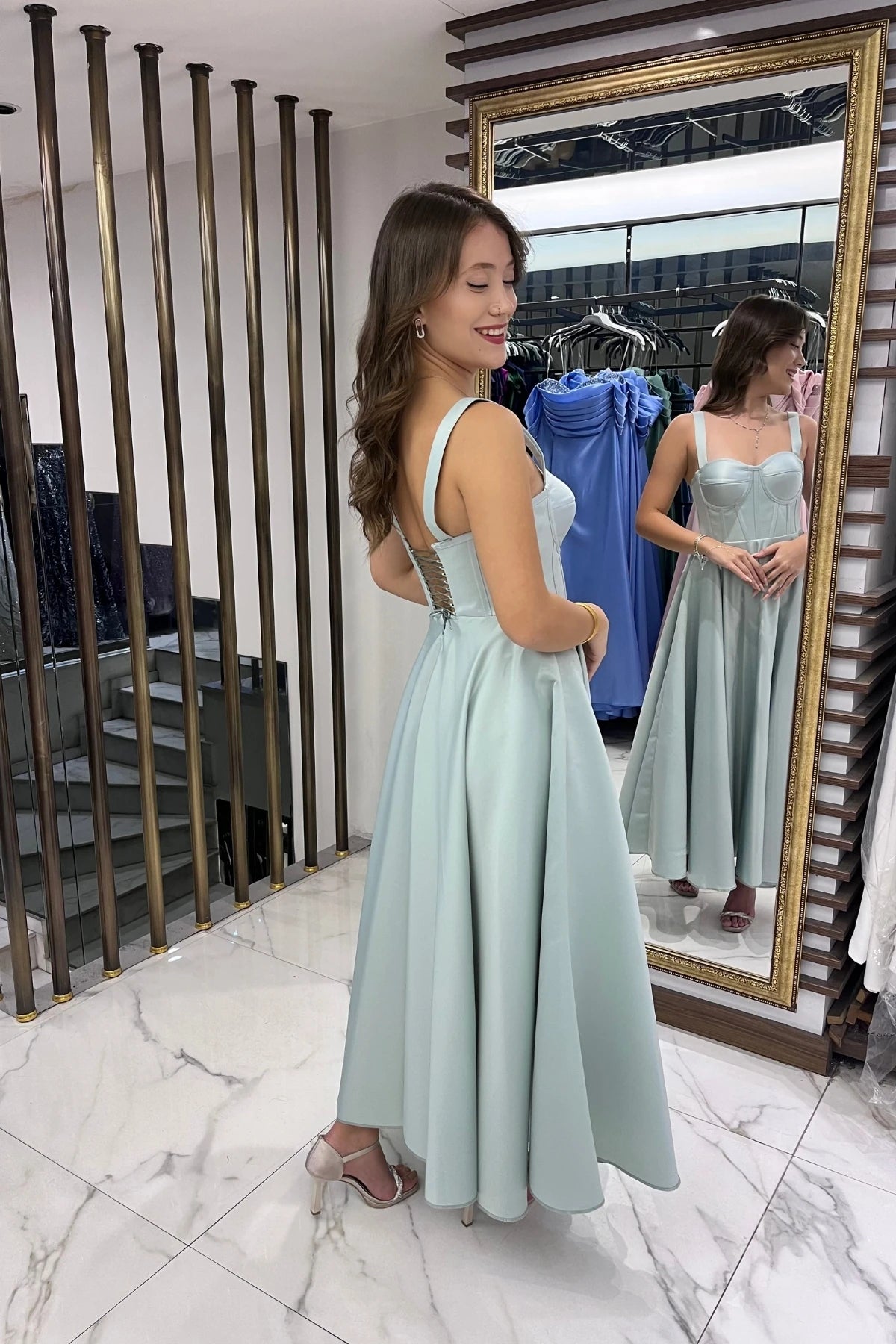 Image of Women's Strappy Back Lace-up Corset Satin Flared Midi Dress