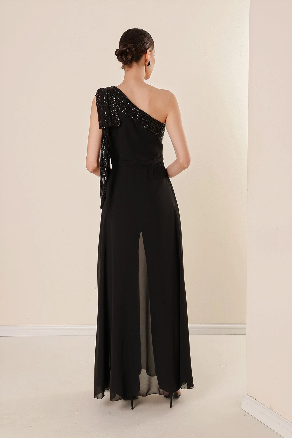 Image of Sequin Collar One-Shoulder Chiffon Crepe Jumpsuit