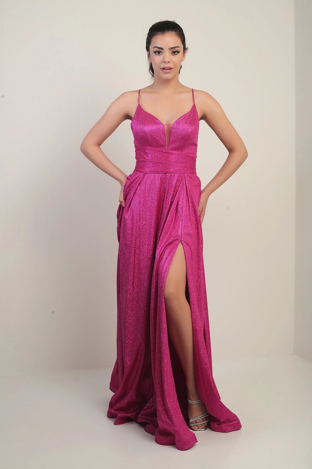 Image of Strappy, Lined, Glittery Long Evening Dress