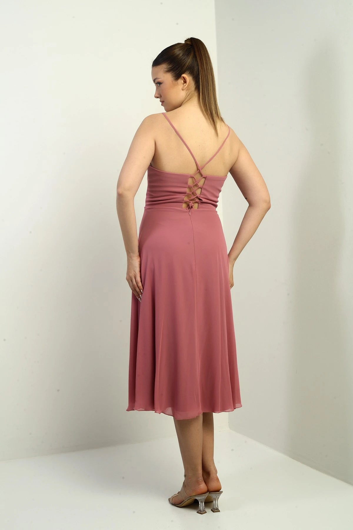 Image of Women's Strappy Wrap Neckline Lined Lace-Up Back Flared Chiffon Dress