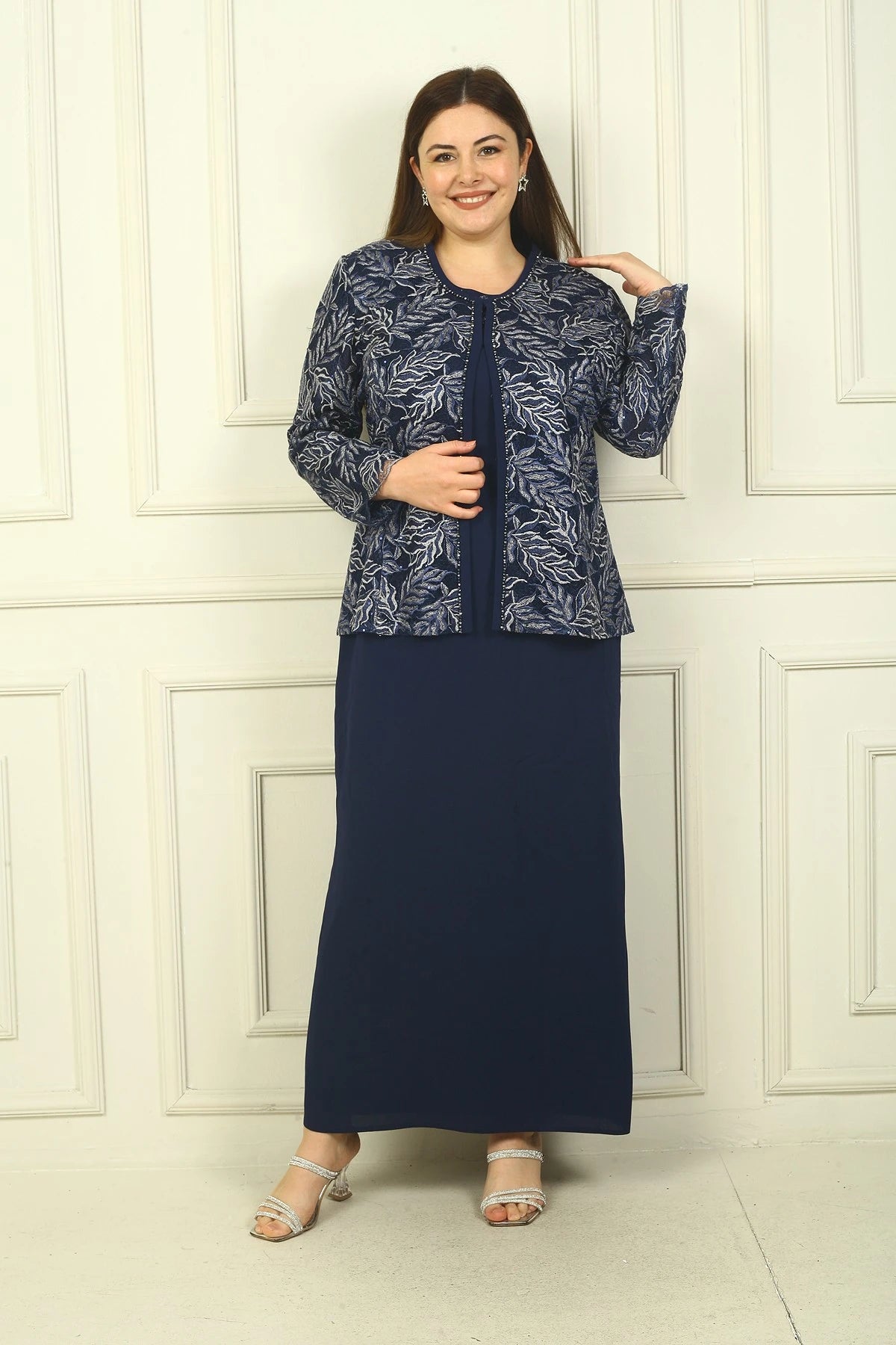 Image of Long Dress with Beaded Collar, Plus Size Two-Piece Set with Beaded and Sequin Embroidered Jacket, Lined.
