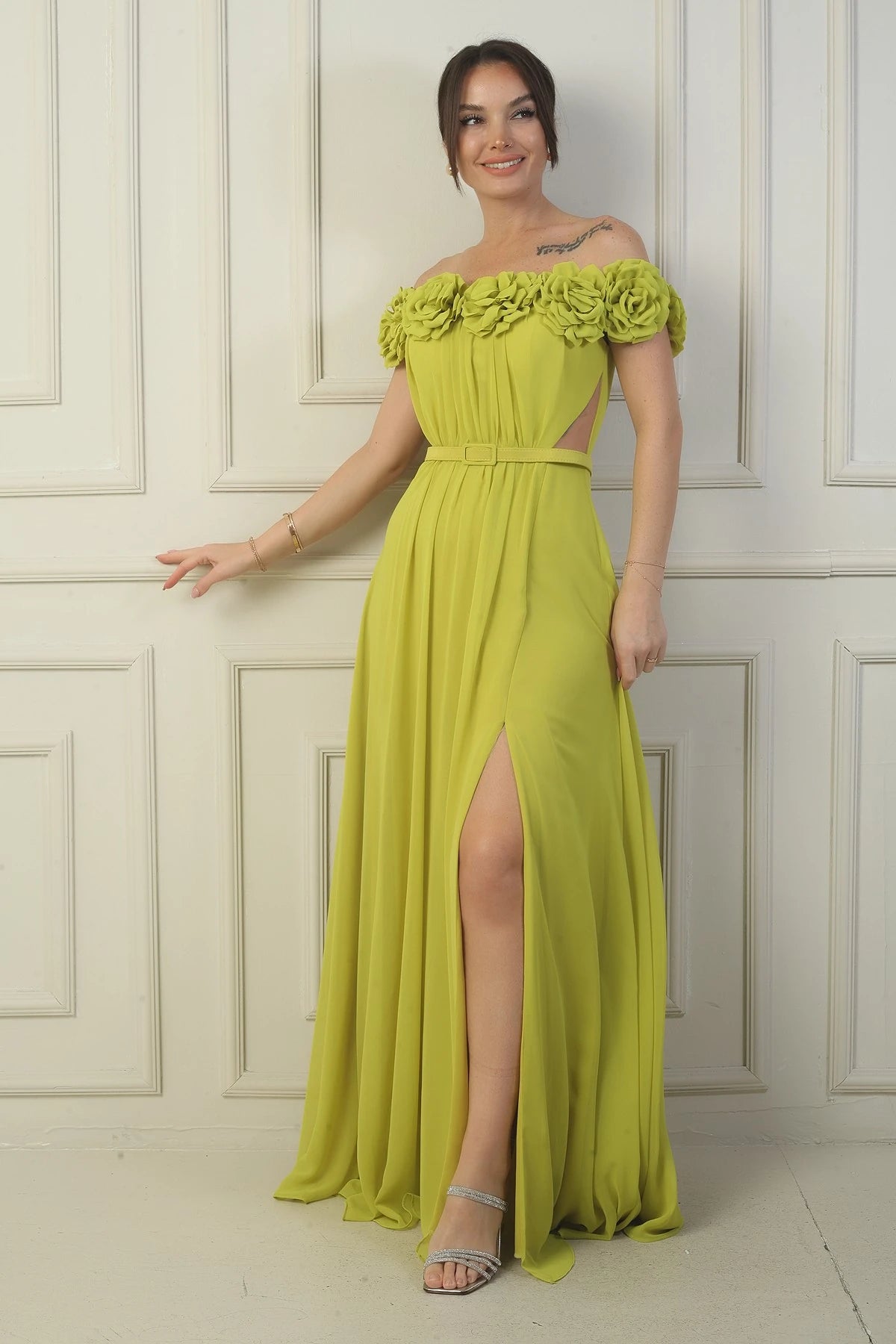 Image of Women's Long Chiffon Dress with Laser-Cut Floral Neckline and Lining, Belted Waist