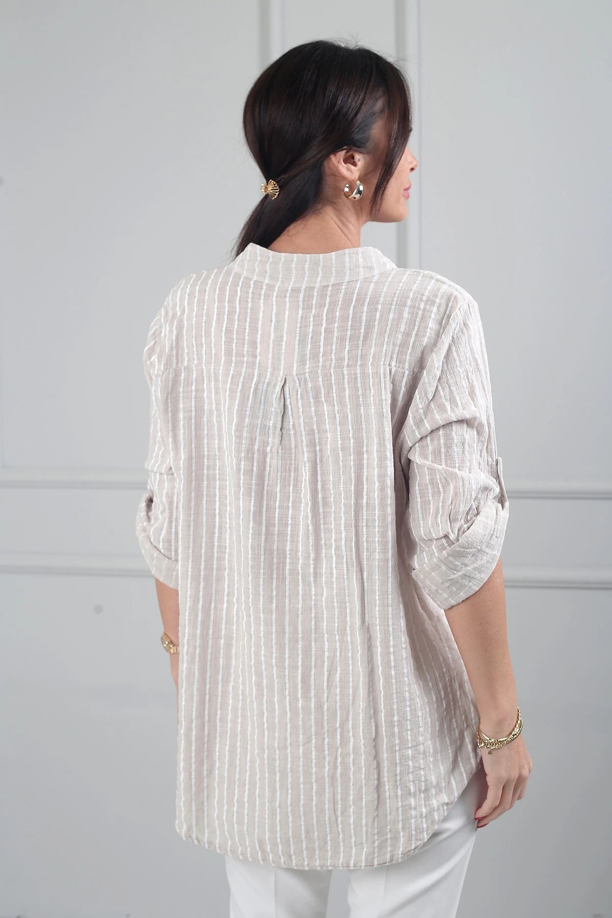 Image of Women's Single Pocket Striped Imported Linen Shirt