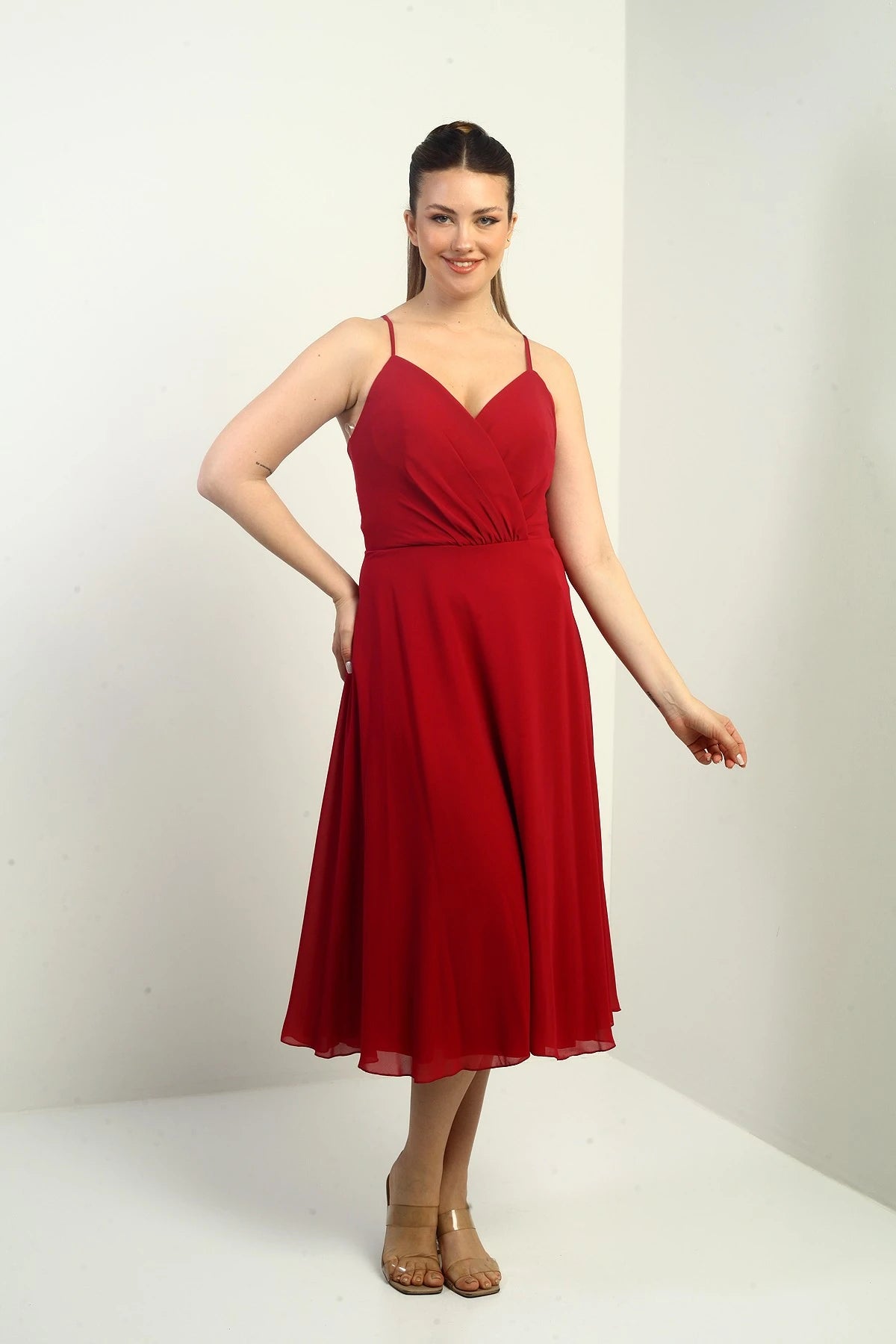 Image of Women's Strappy Wrap Neckline Lined Lace-Up Back Flared Chiffon Dress