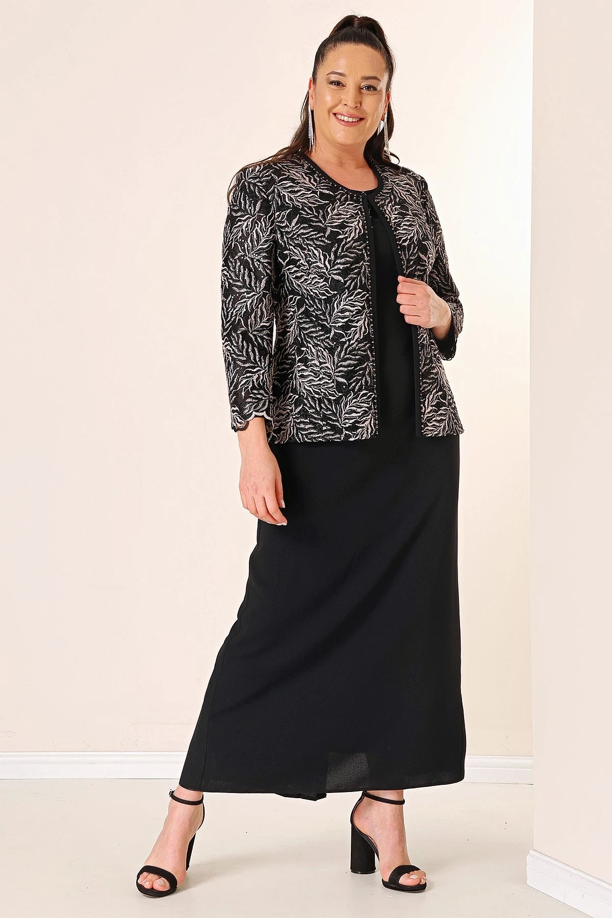 Image of Long Dress with Beaded Collar, Plus Size Two-Piece Set with Beaded and Sequin Embroidered Jacket, Lined.
