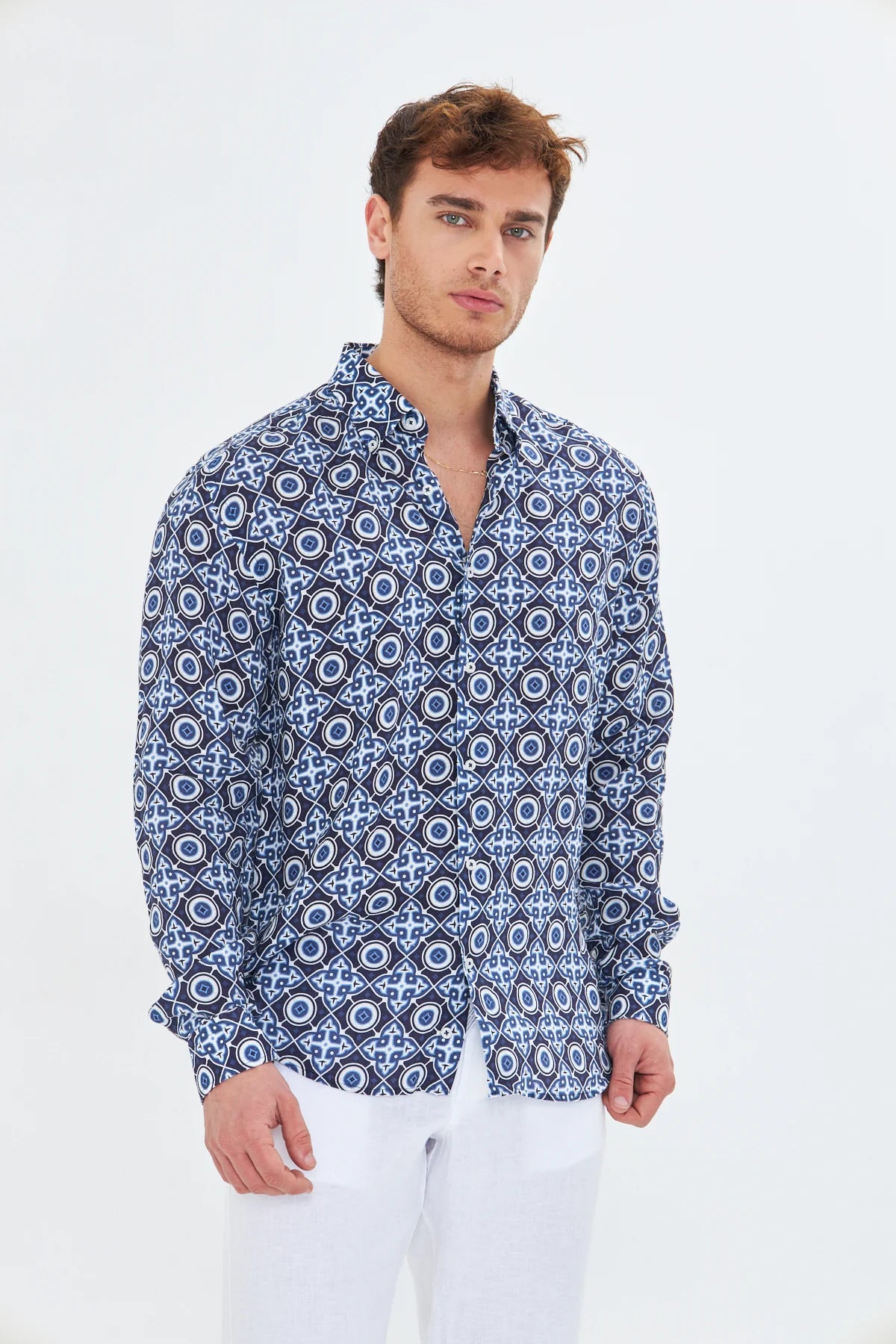 Image of Ethnic Pattern Men's Linen Shirt