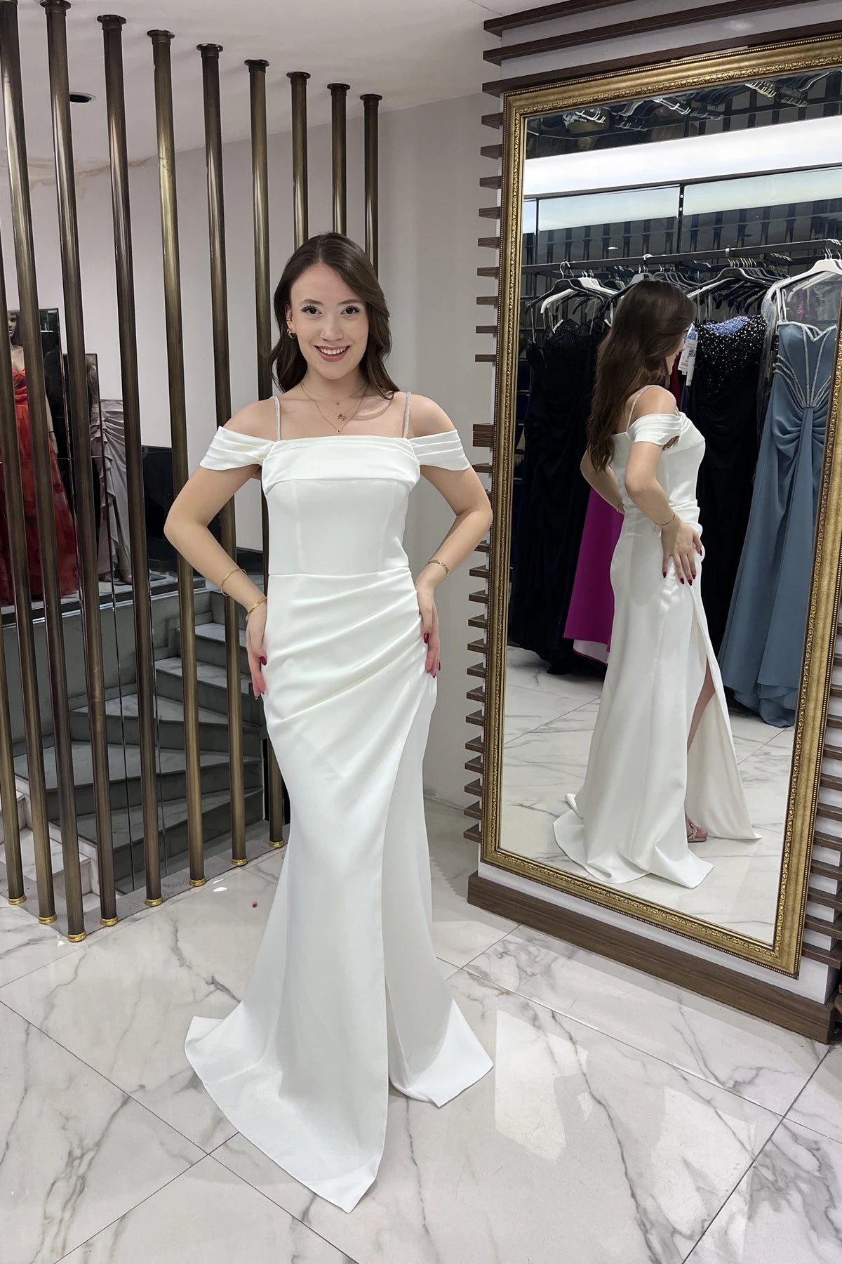 Image of Women's Embellished Thin Strap, Dropped Sleeve Satin Madonna Neckline Lined Draped Double Fishtail Dress