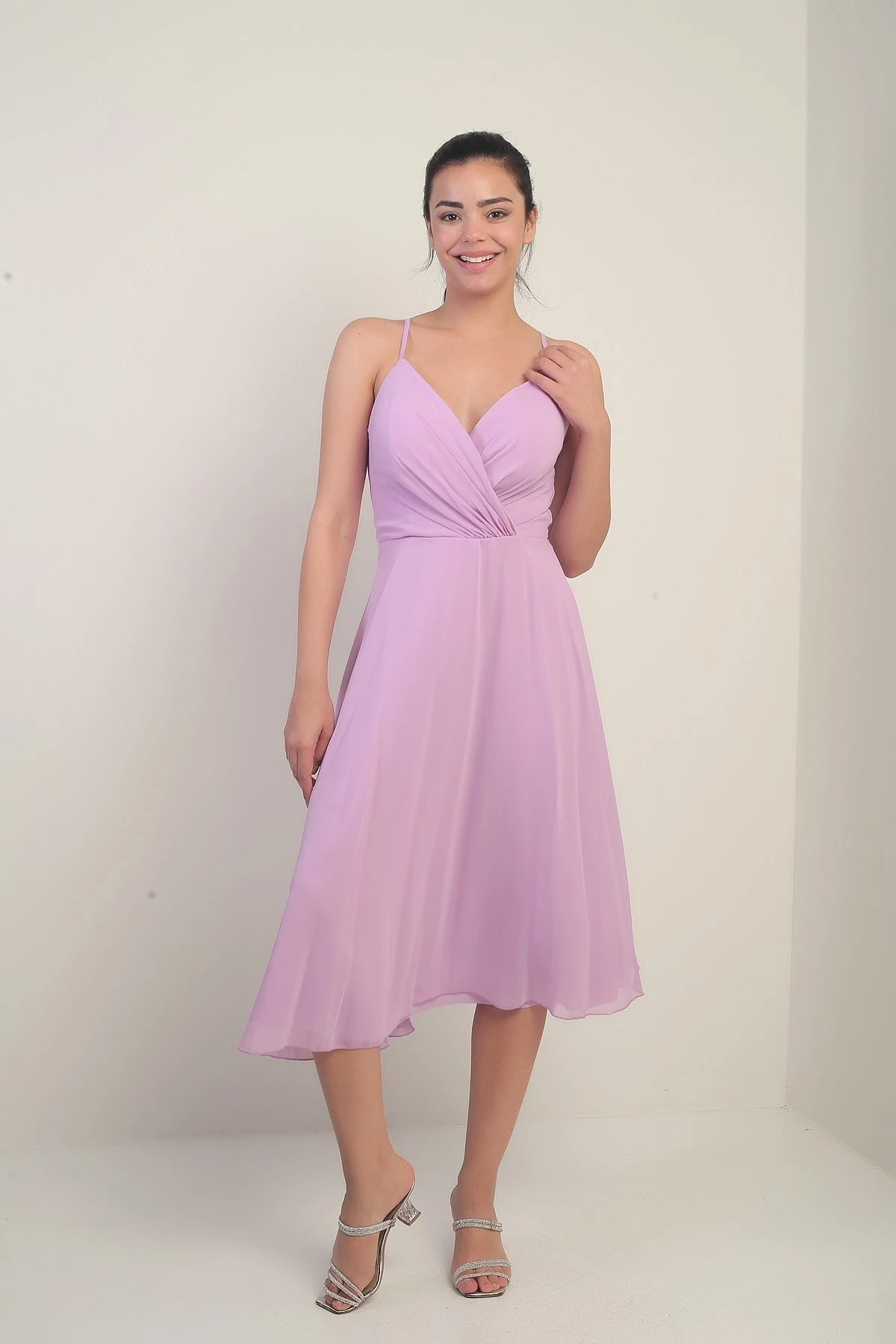 Image of Women's Strappy Wrap Neckline Lined Lace-Up Back Flared Chiffon Dress