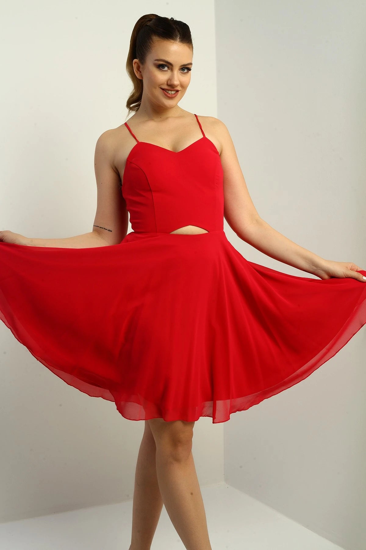 Image of Women's Strappy, Back-Tie, Front-Opening, Lined Chiffon Short Flared Dress