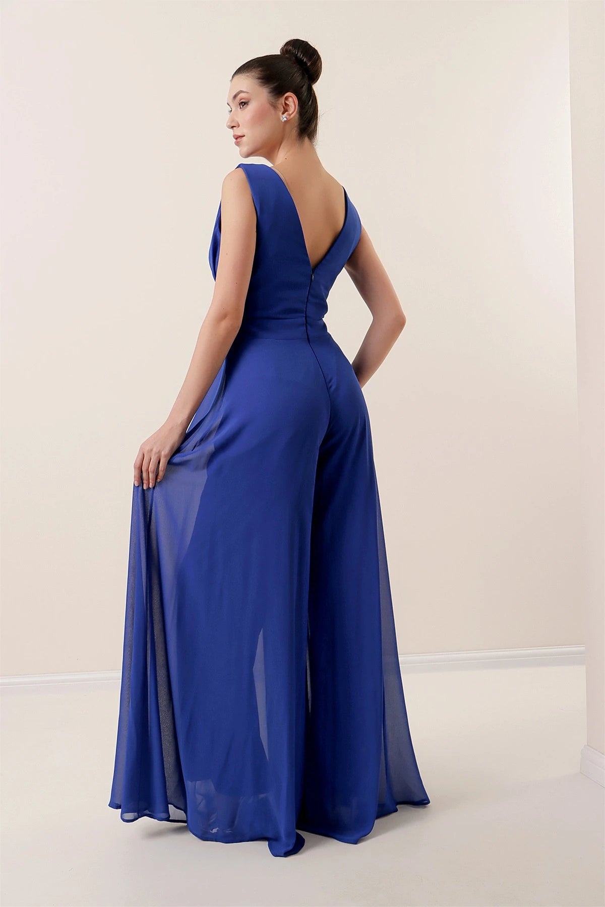 Image of Waist-detailed, front and back V-neck, lined chiffon jumpsuit.