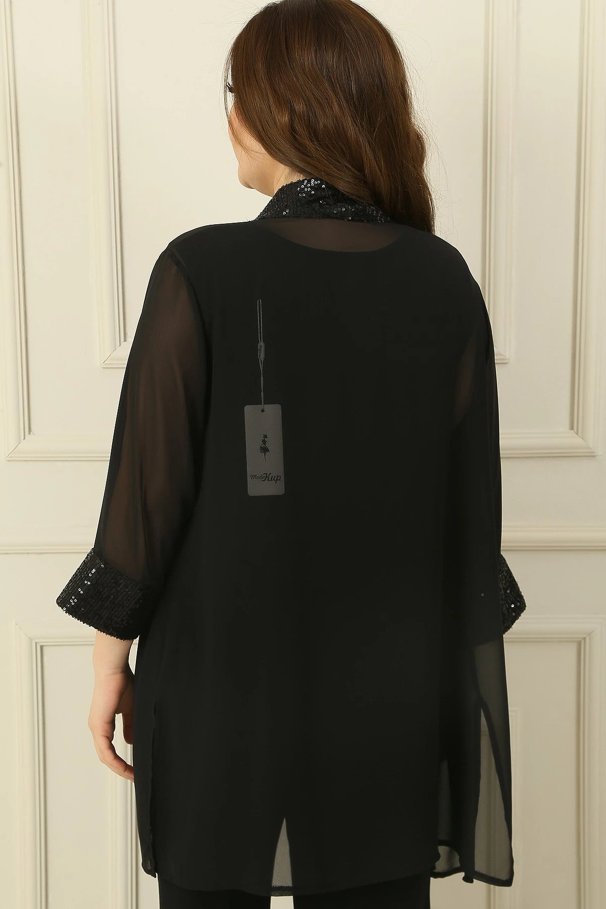 Image of Shawl Collar Sequin Detail Chiffon Jacket and Sleeveless Blouse Set, Plus Size, 2-Piece