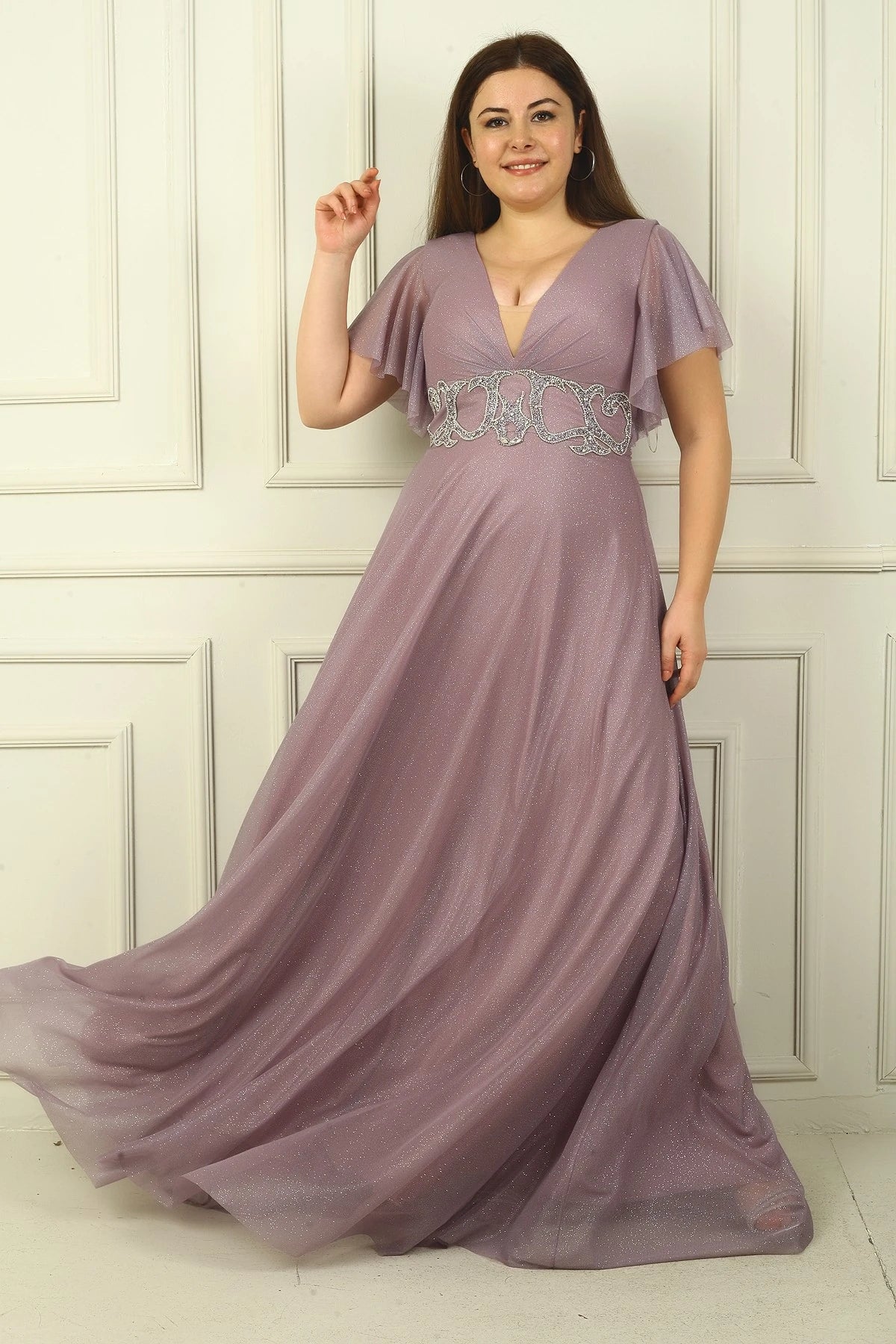 Image of Women's Front and Back V-Neck Waist Embellished, Lined, Glittery Plus Size Evening Dress