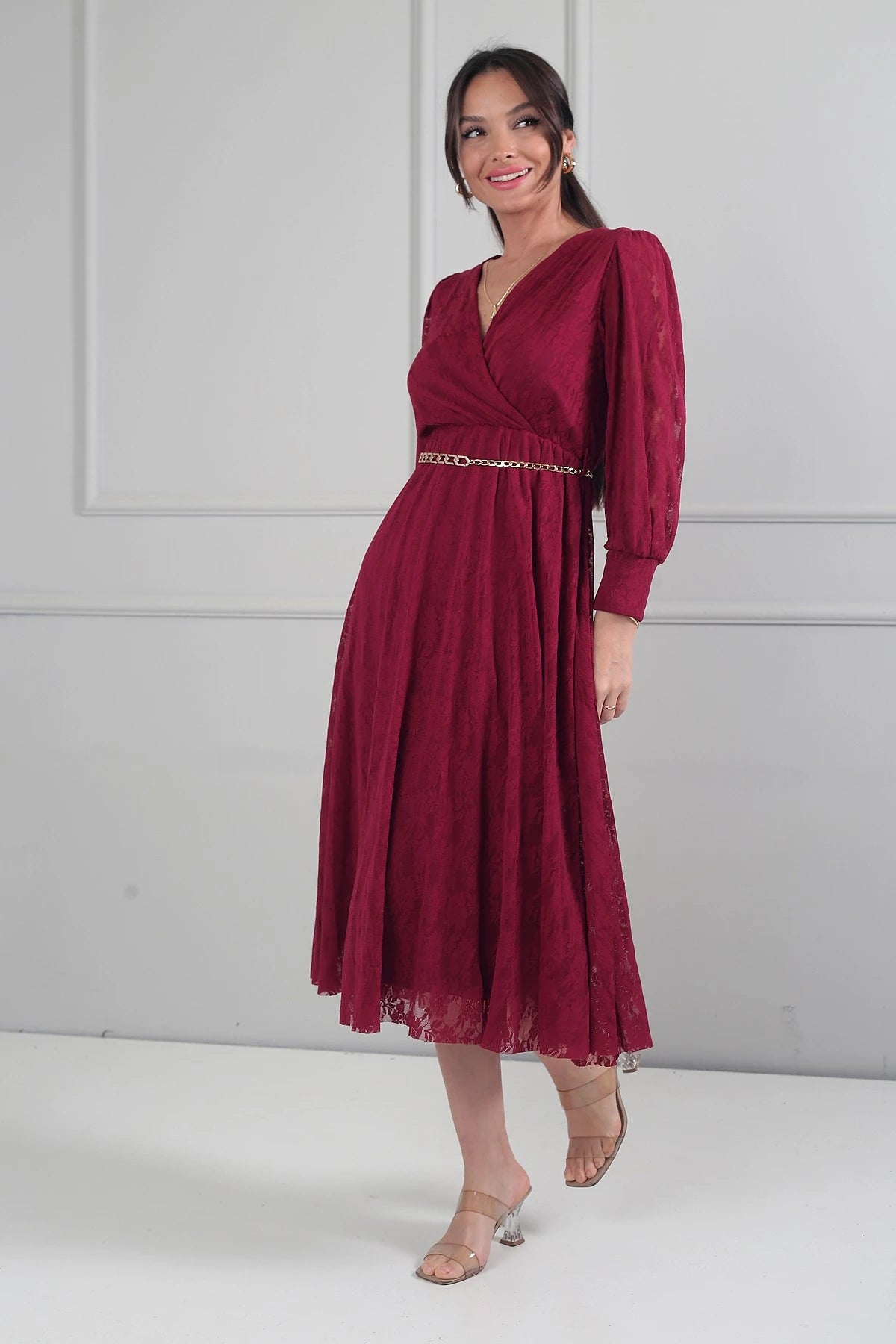 Image of Rochie midi din dantelă cu mânecă lungă și căptușeală, cu decolteu înfășurat și decolteu înfășurat pentru femei