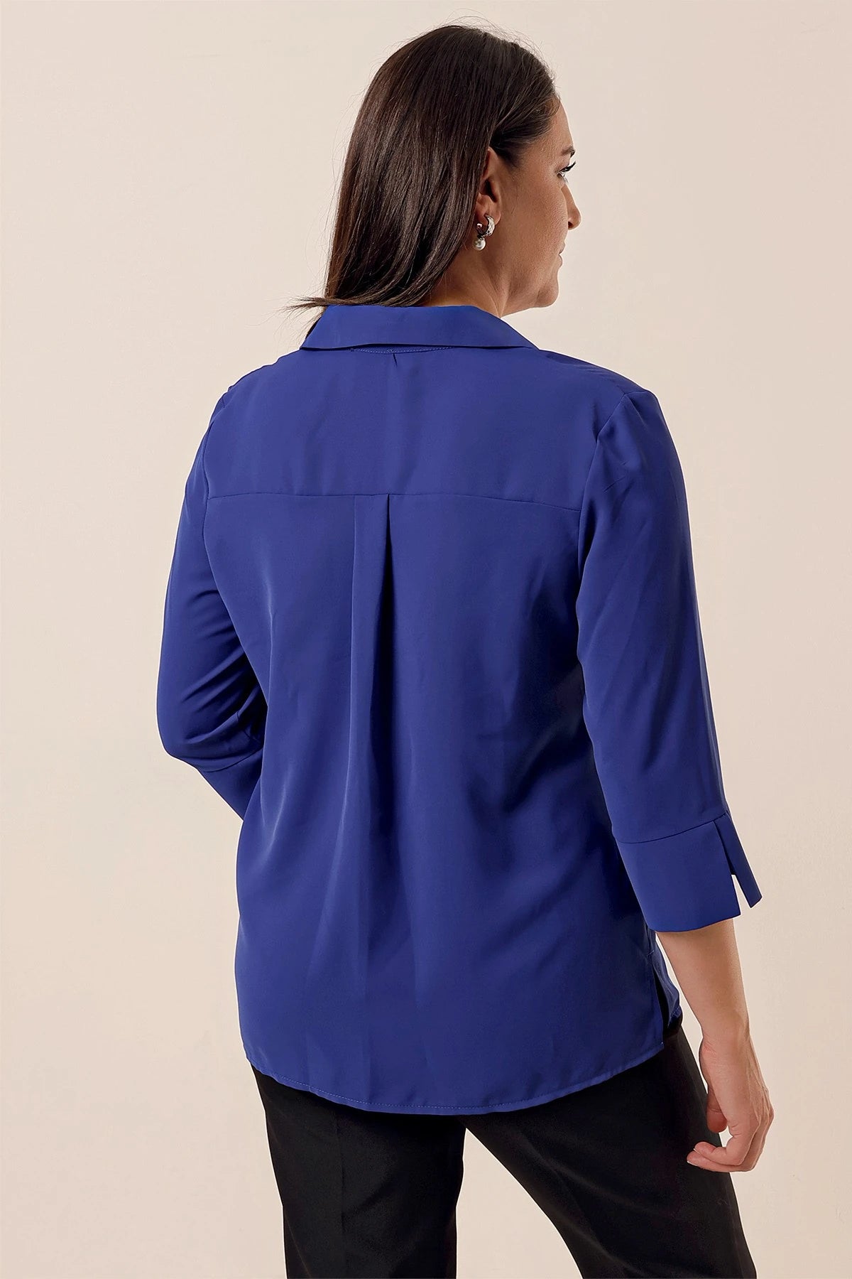 Image of Polo Yaka Çeyrek Kol Büyük Beden Bluz