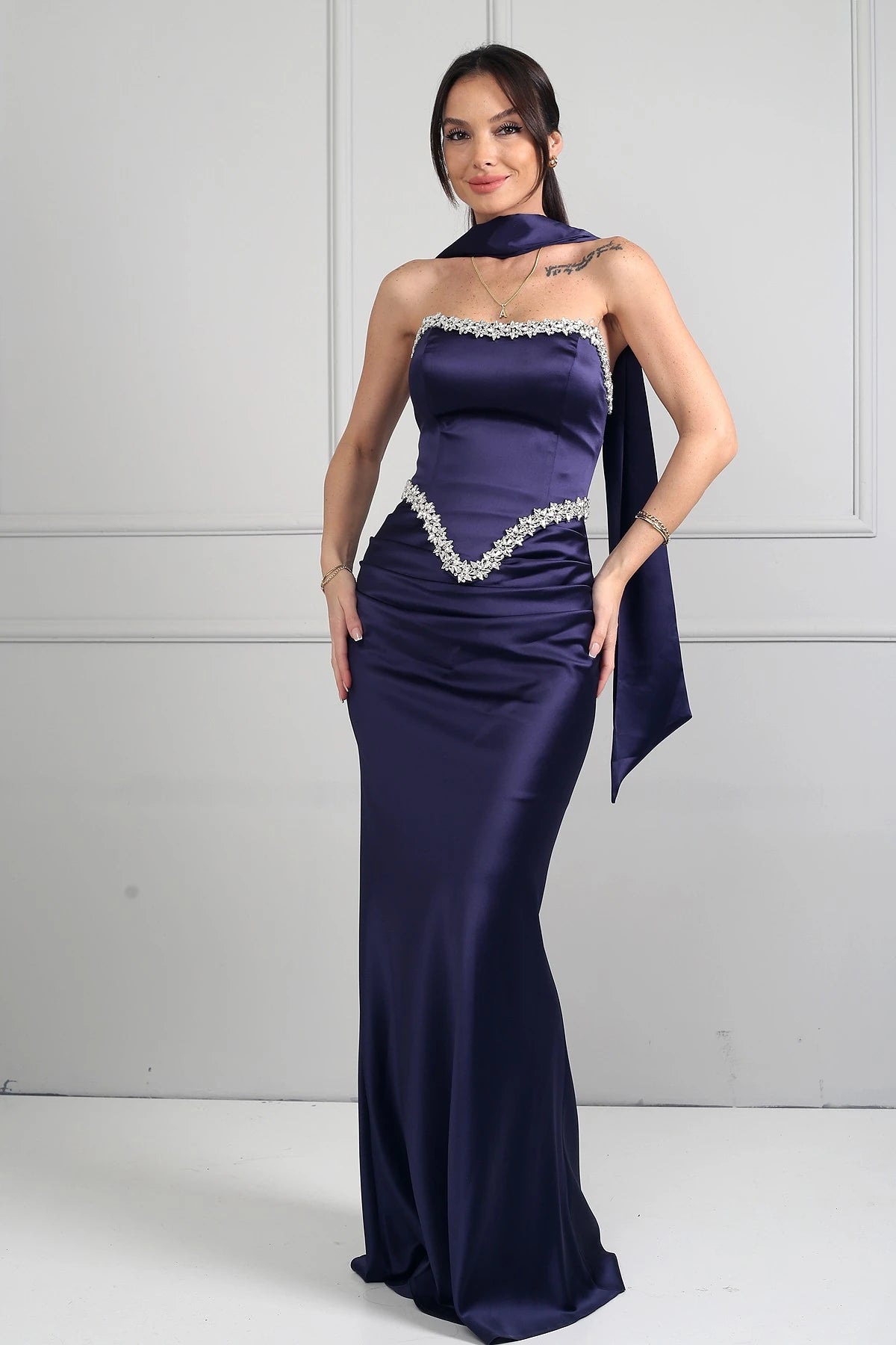 Image of Women's Strapless, Sheer Strap, Lined, Sparkling Stone Detail, Draped Front, Bias-Shaped Skirt Satin Long Dress