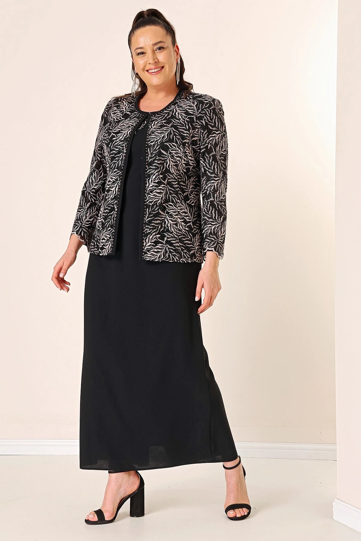 Image of Long Dress with Beaded Collar, Plus Size Two-Piece Set with Beaded and Sequin Embroidered Jacket, Lined.