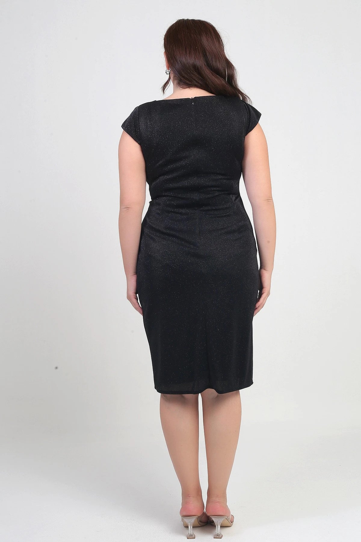 Image of Women's Wrap Neckline Double Stone Detail Lined Half-Moon Sleeved Lycra Plus Size Glitter Dress